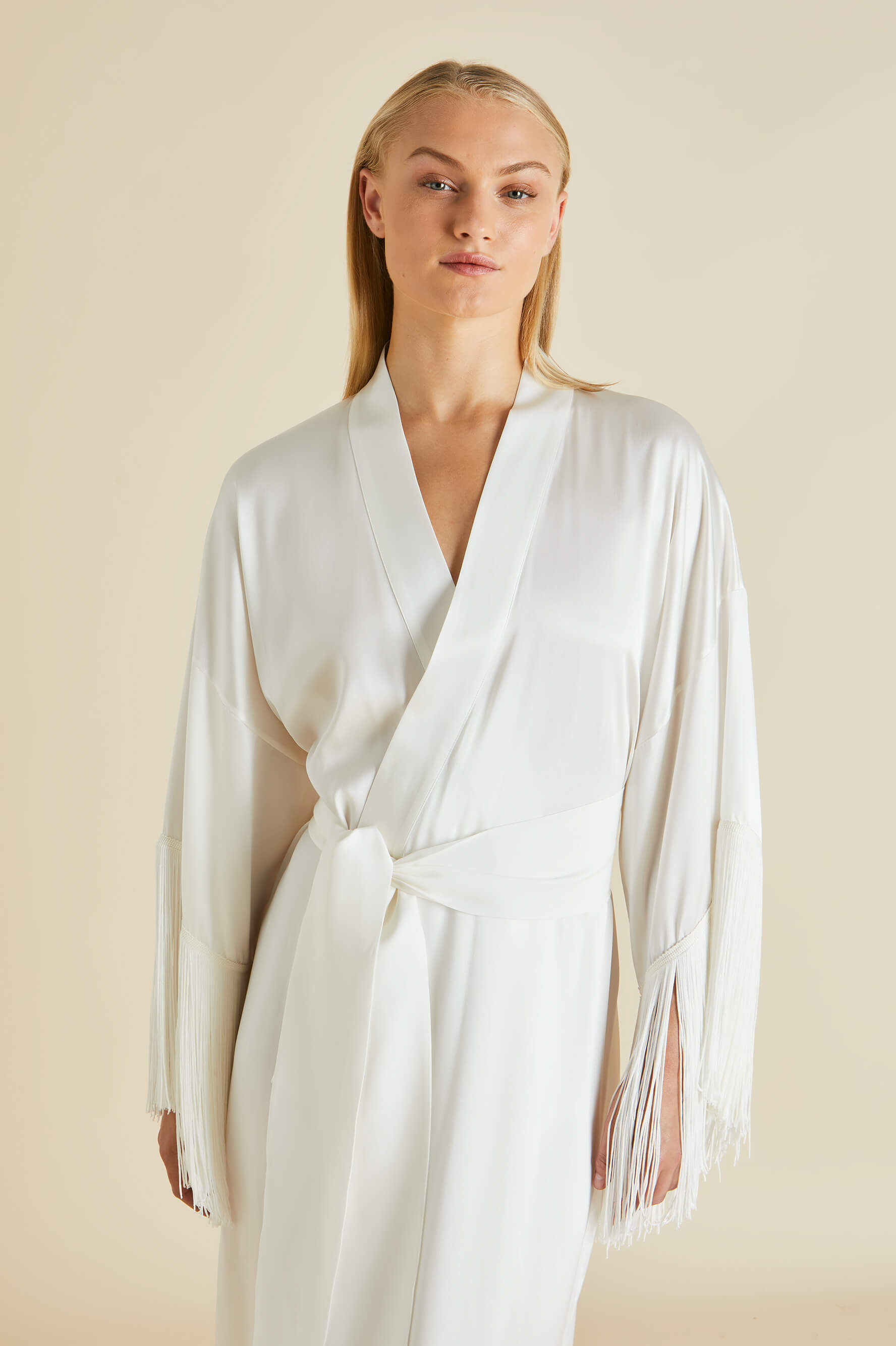 Amina Ivory Fringed Robe in Silk Satin