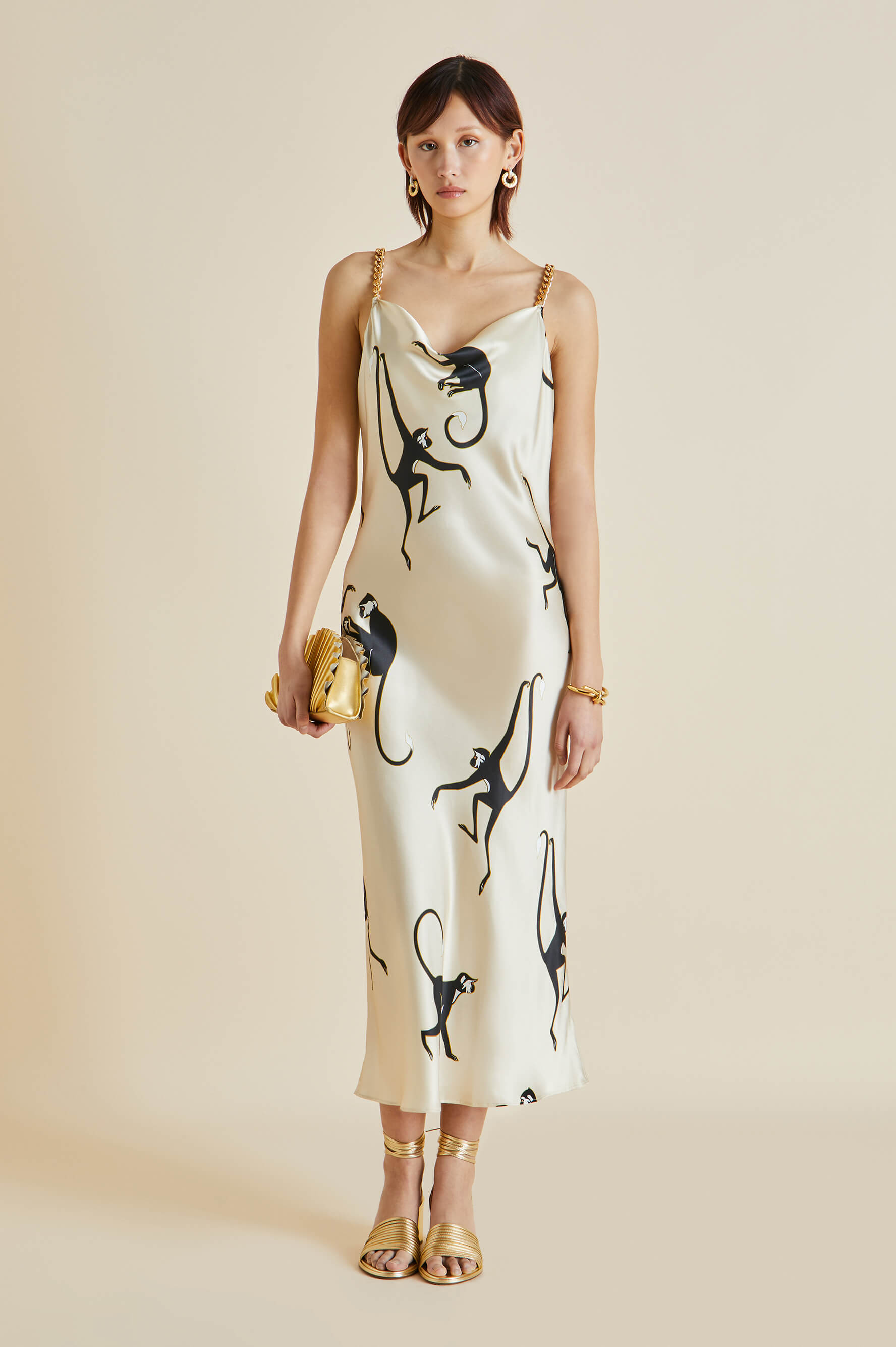 Bibi Macaque Cream Monkey Silk Satin Slip Dress
