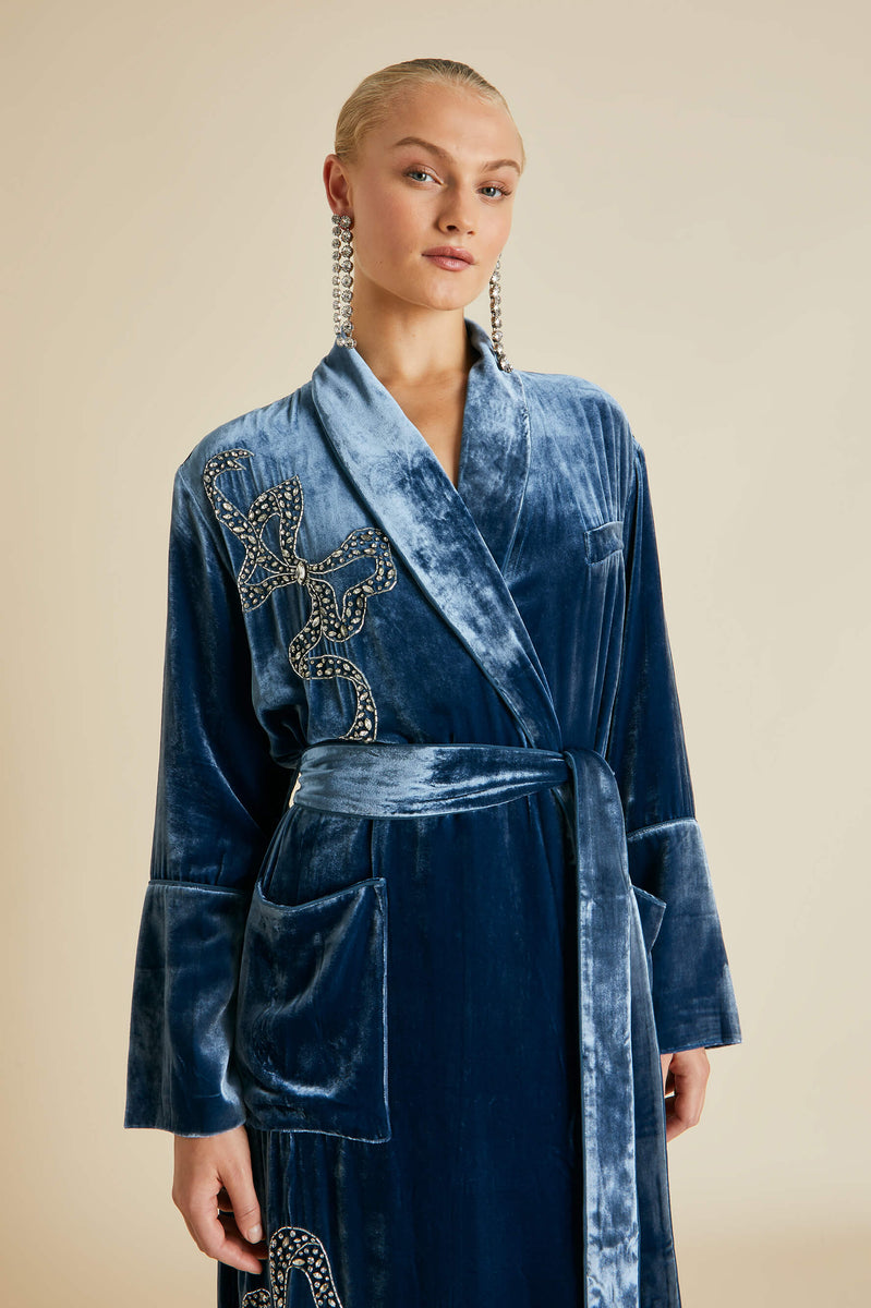 Capability Grace Blue Embellished Robe in Silk Velvet | Olivia von Halle