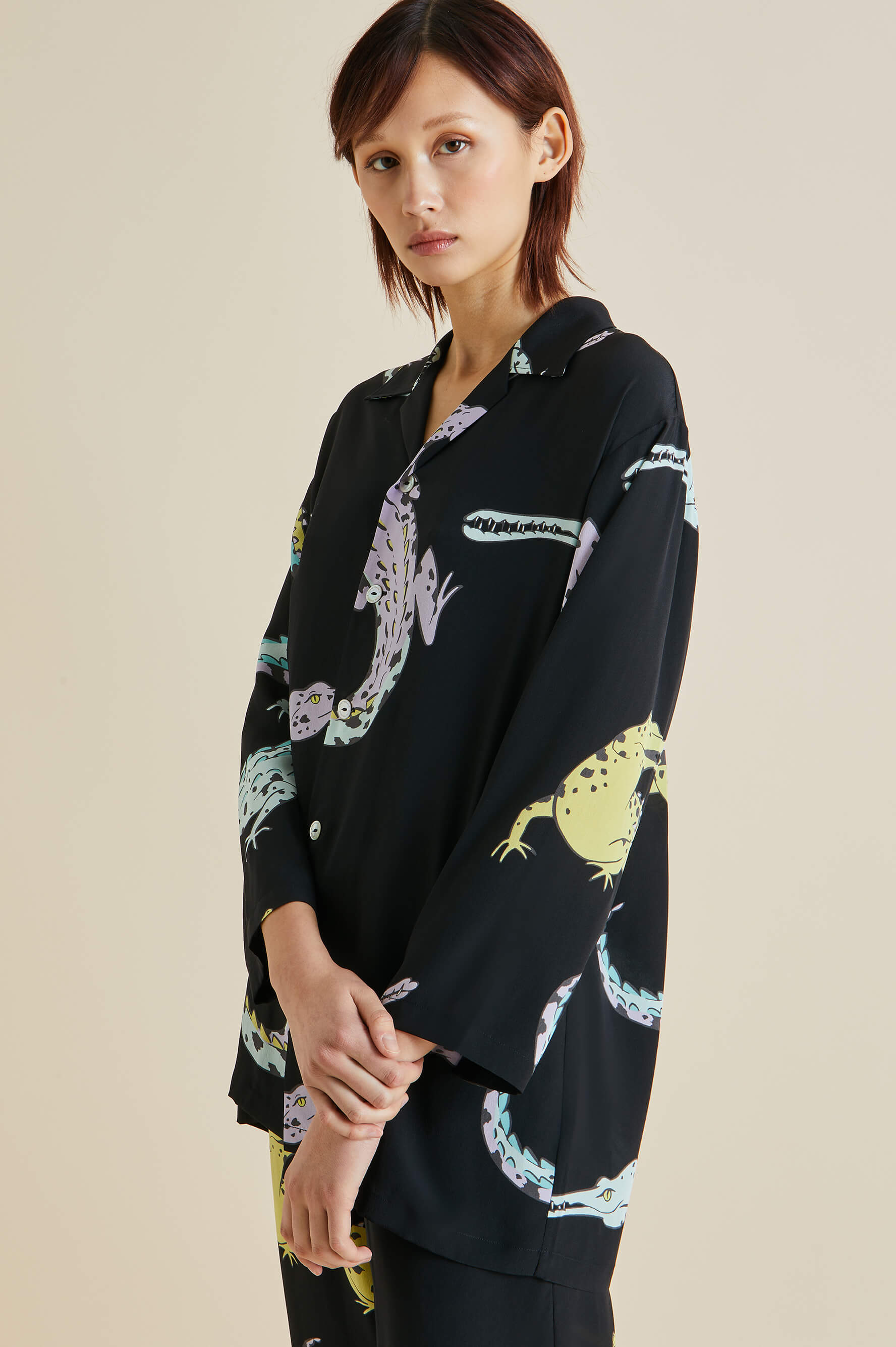 Casablanca Sanuk Black Crocodile Silk Crêpe de Chine Pajamas