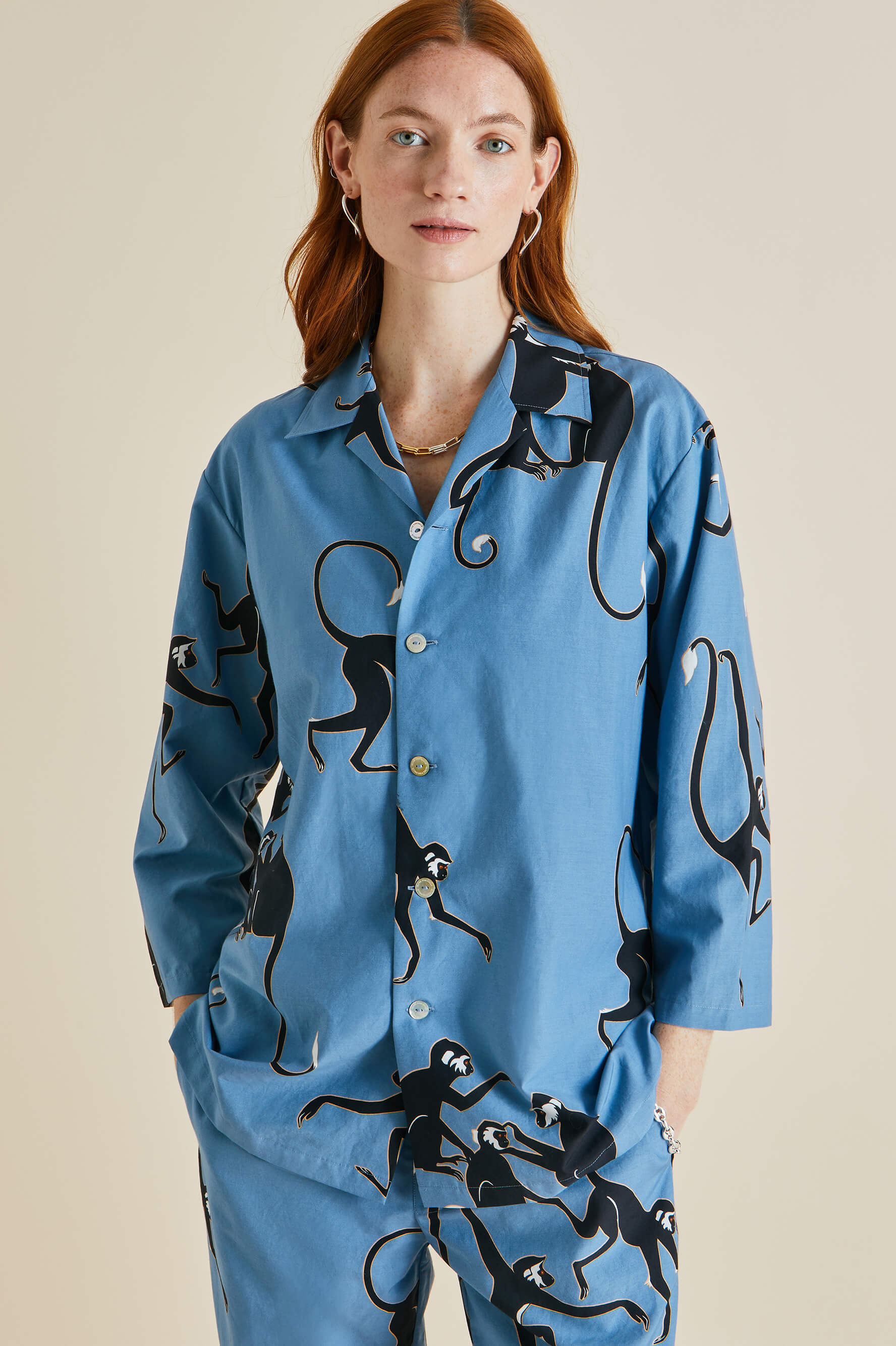 Casablanca Jacamar Blue Monkey Cotton-Silk Pajamas