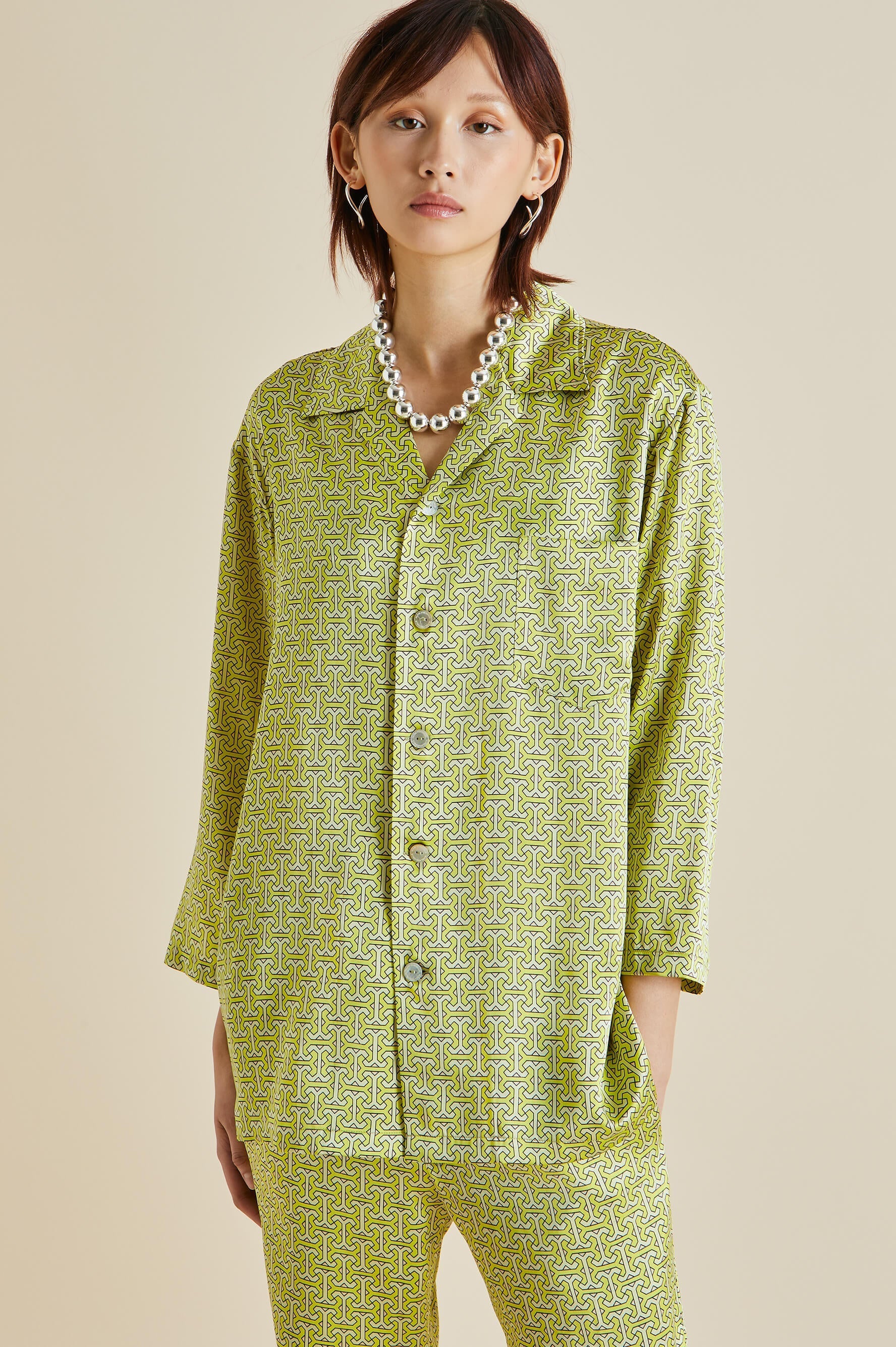 Casablanca Mirage Green Geometric Silk Satin Pajamas