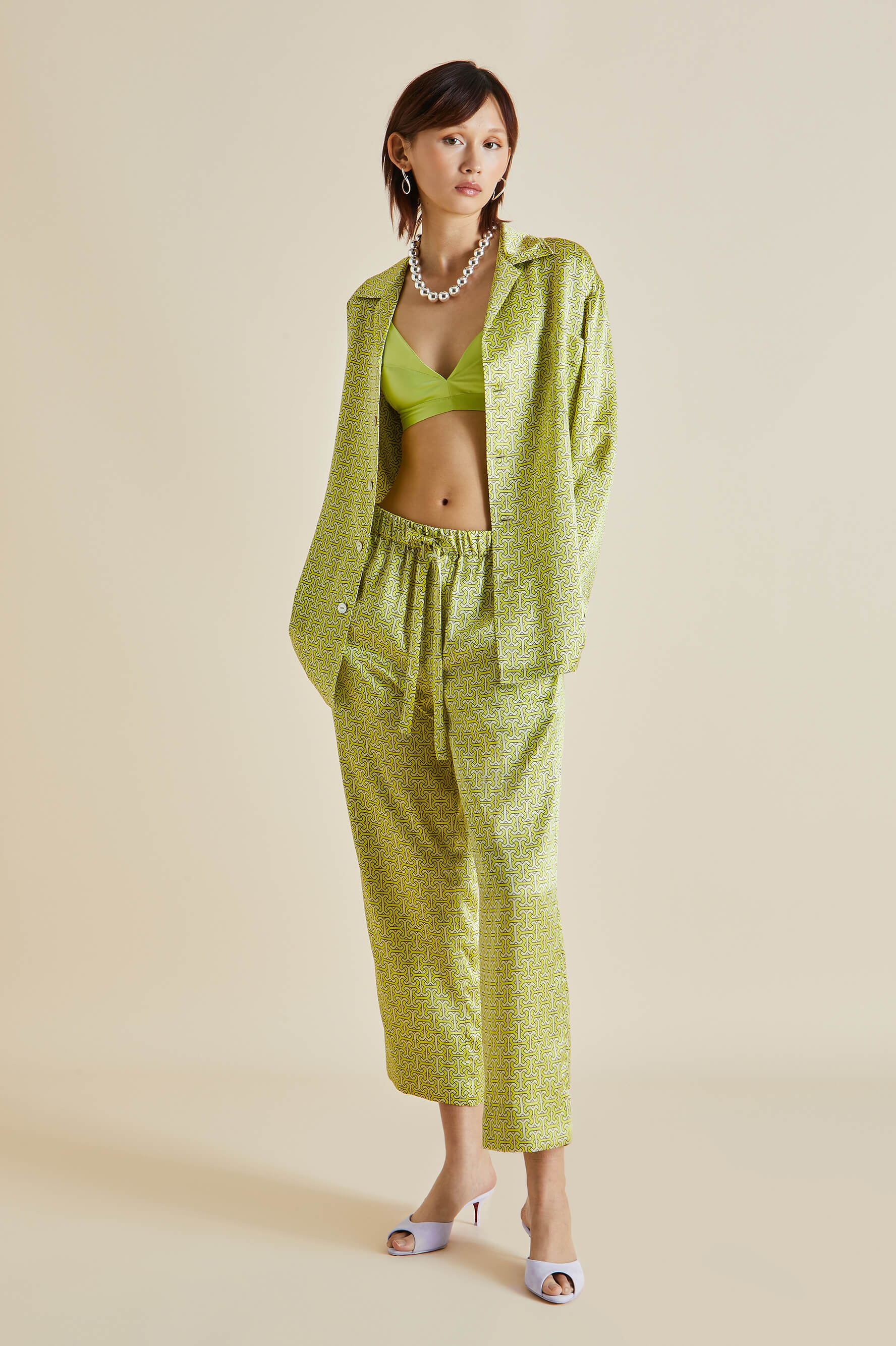 Casablanca Mirage Green Geometric Silk Satin Pajamas