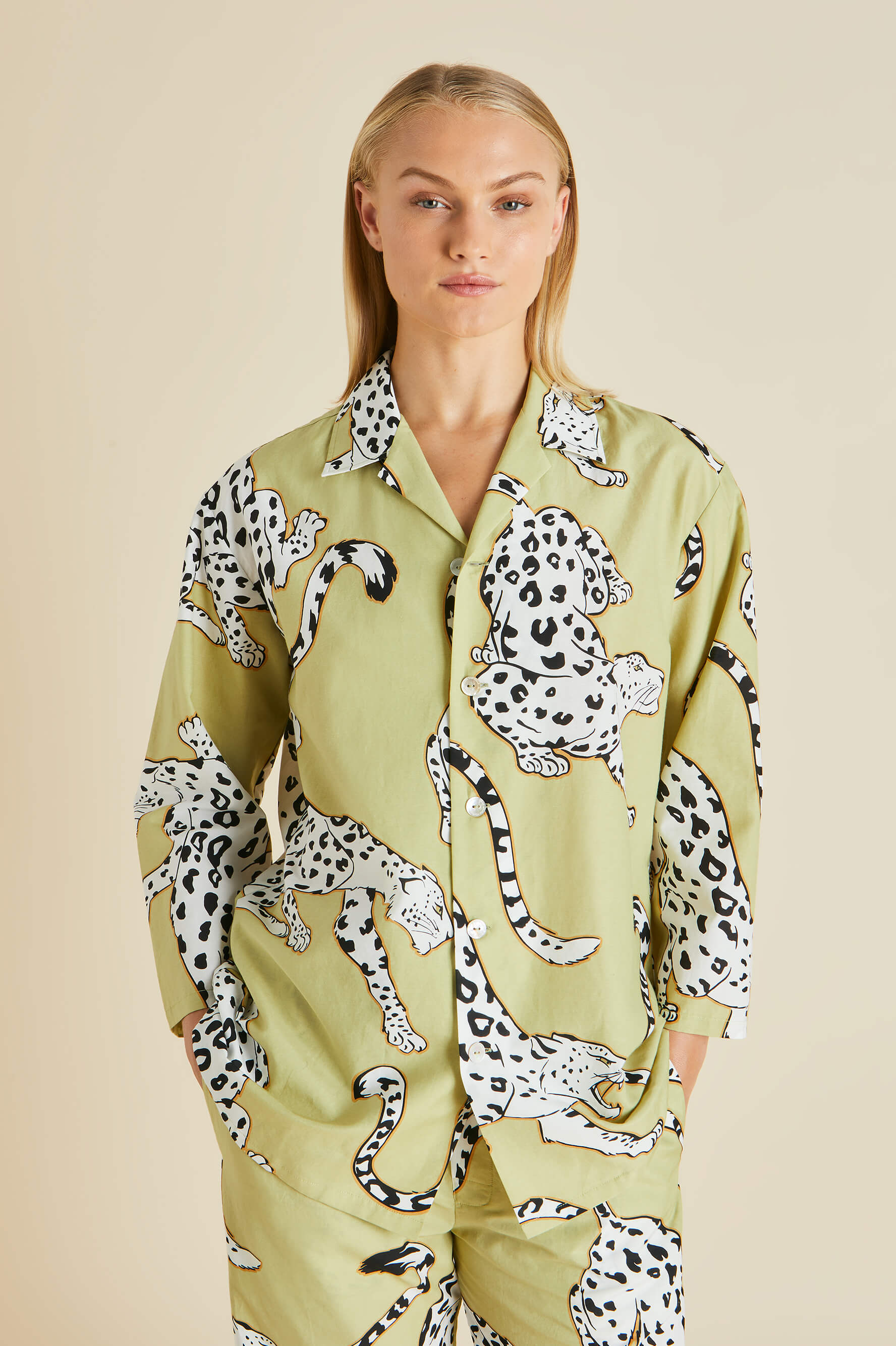Casablanca Mungo Green Leopard Pajamas in Cotton-Silk