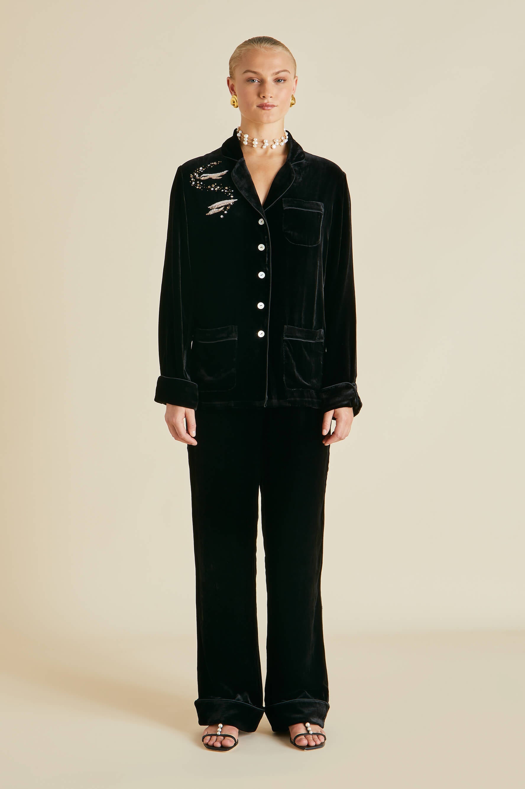 Coco Arcadia Black Embellished Pajamas in Silk Velvet