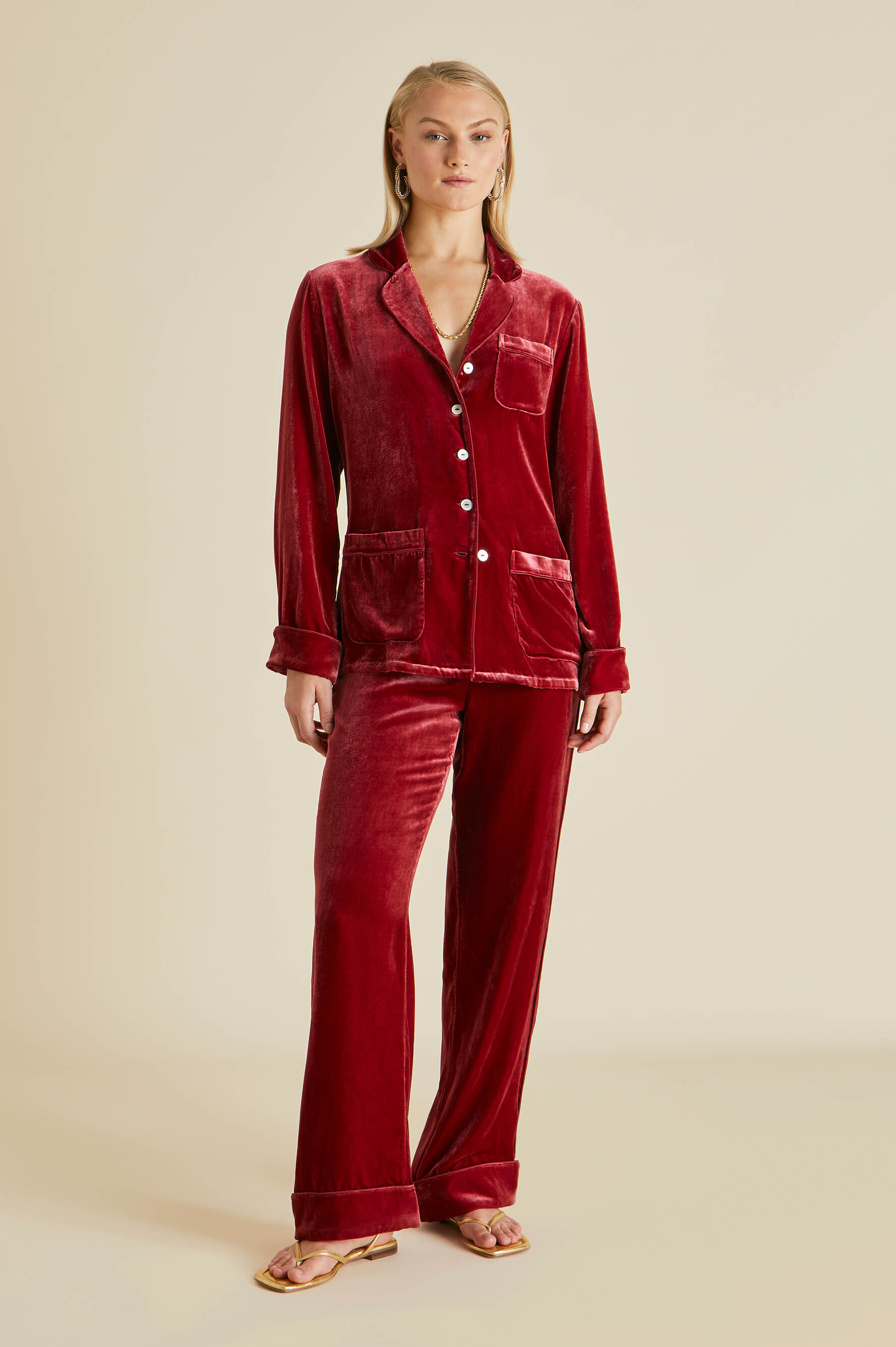 Olivia von Halle  Coco Port Red Silk Velvet Pajamas