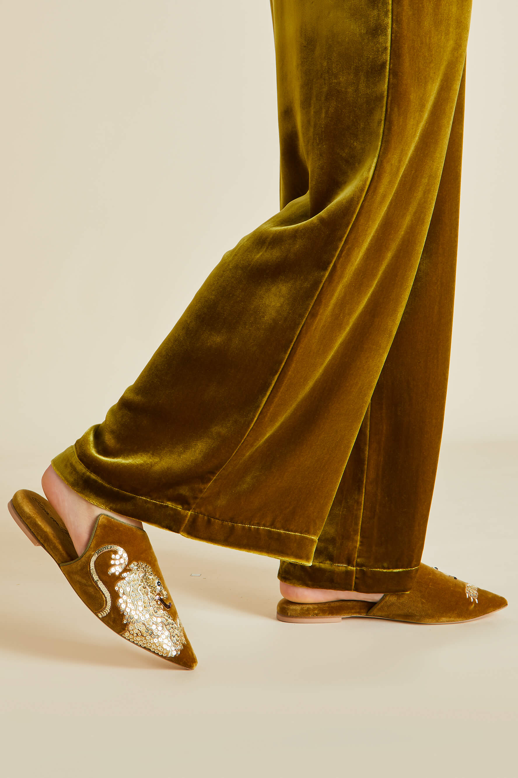 Contessa August Gold Embellished Slippers in Silk Velvet