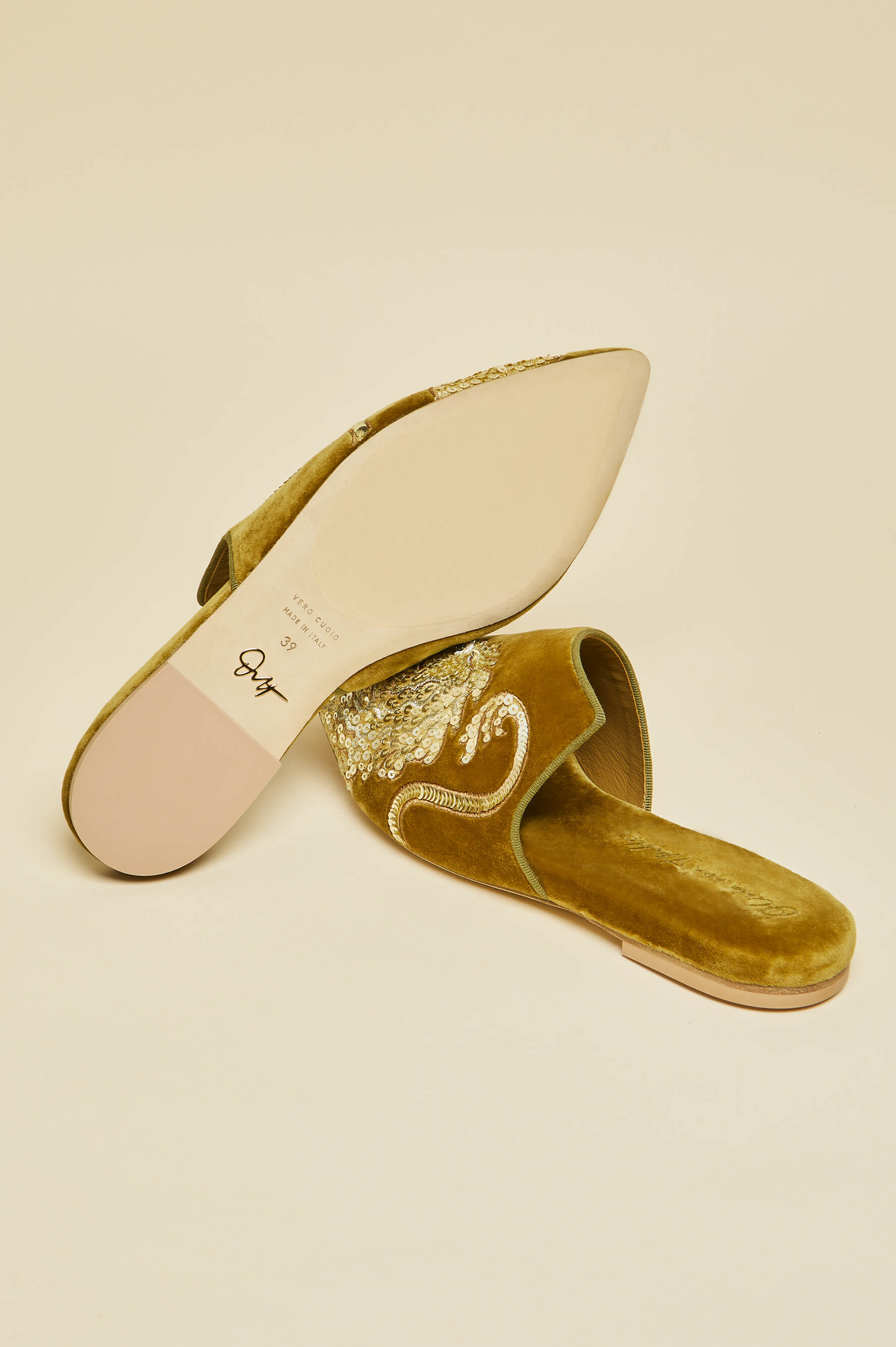 Contessa August Gold Embellished Slippers in Silk Velvet