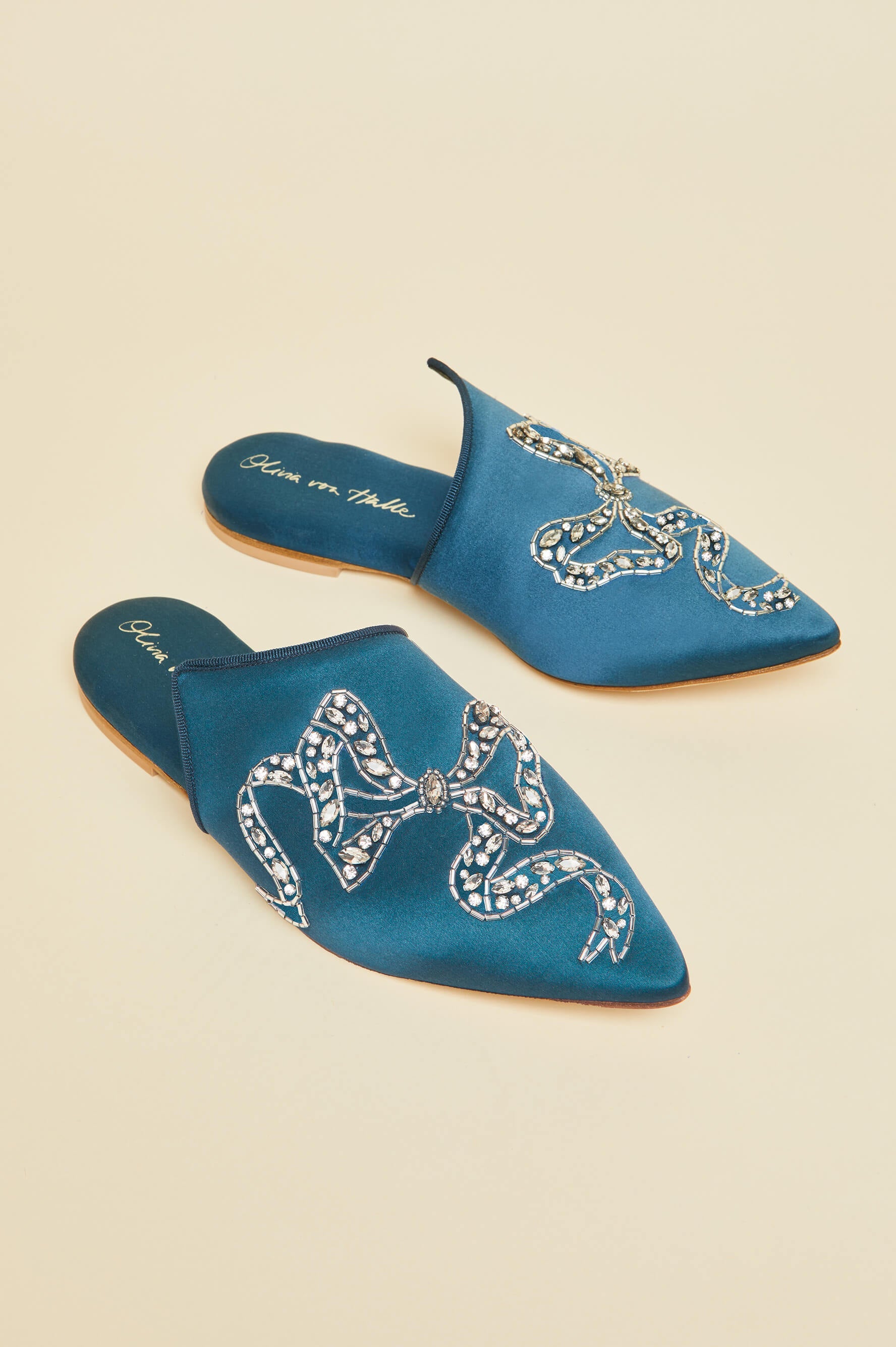 Contessa Grace Blue Embellished Slippers in Silk Satin