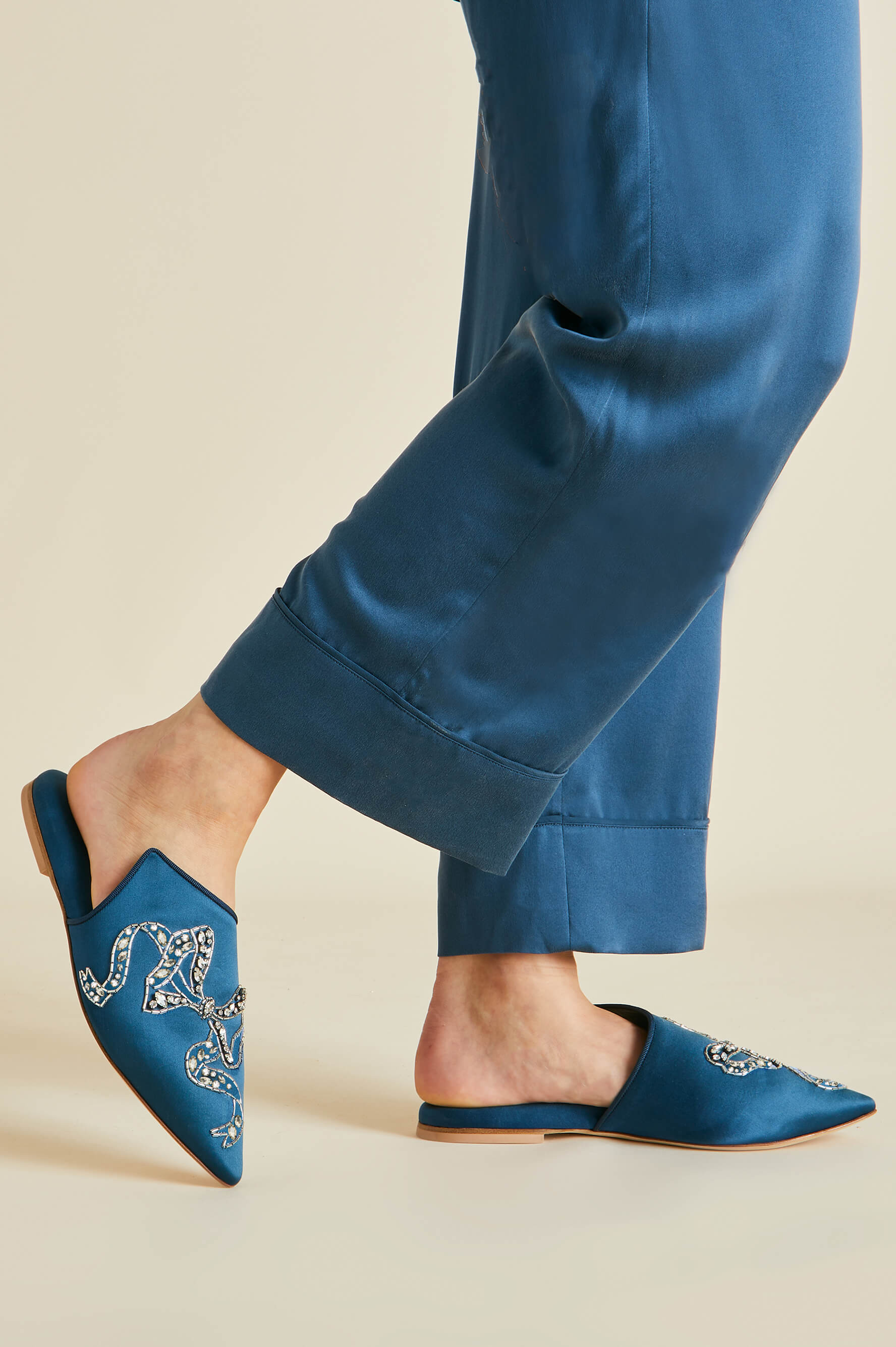 Contessa Grace Blue Embellished Slippers in Silk Satin