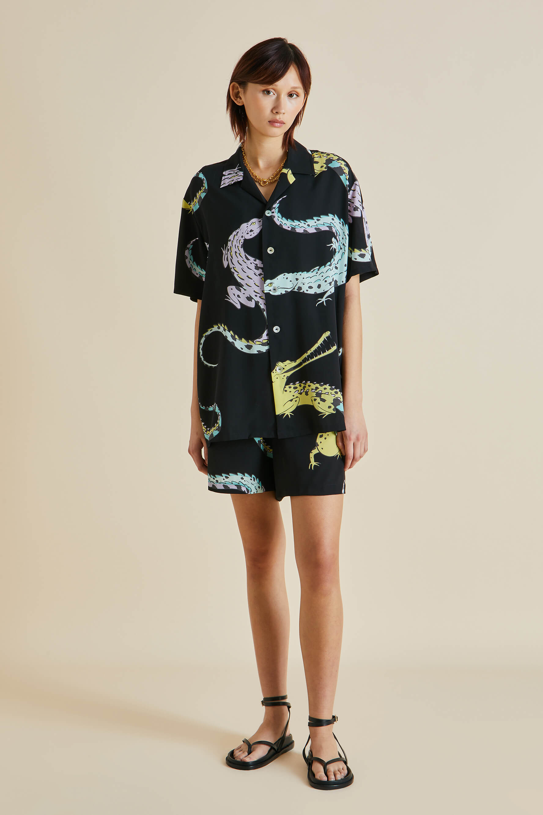 Emeli Sanuk Black Crocodile Silk Crêpe de Chine Pajamas