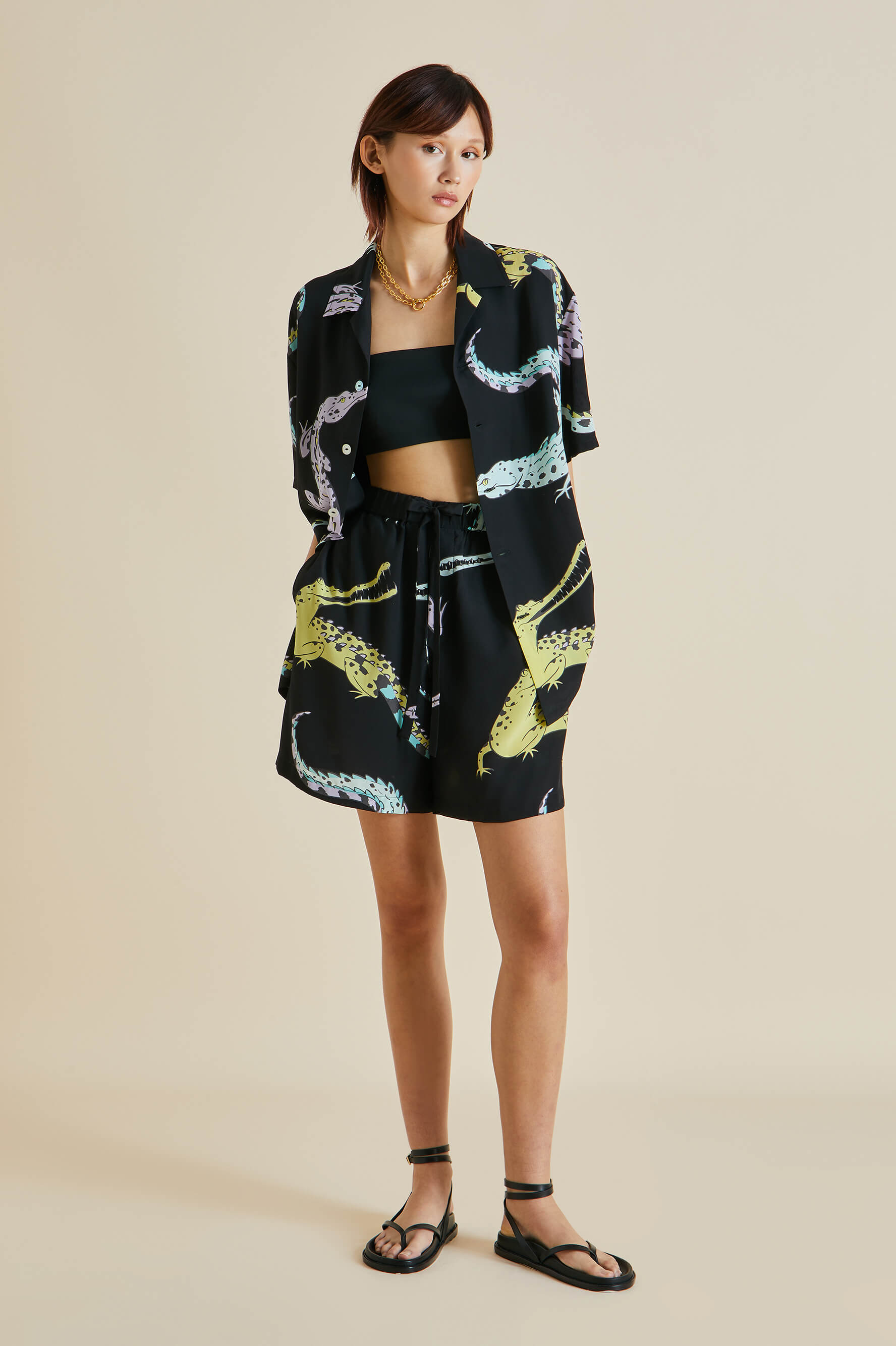 Emeli Sanuk Black Crocodile Silk Crêpe de Chine Pajamas