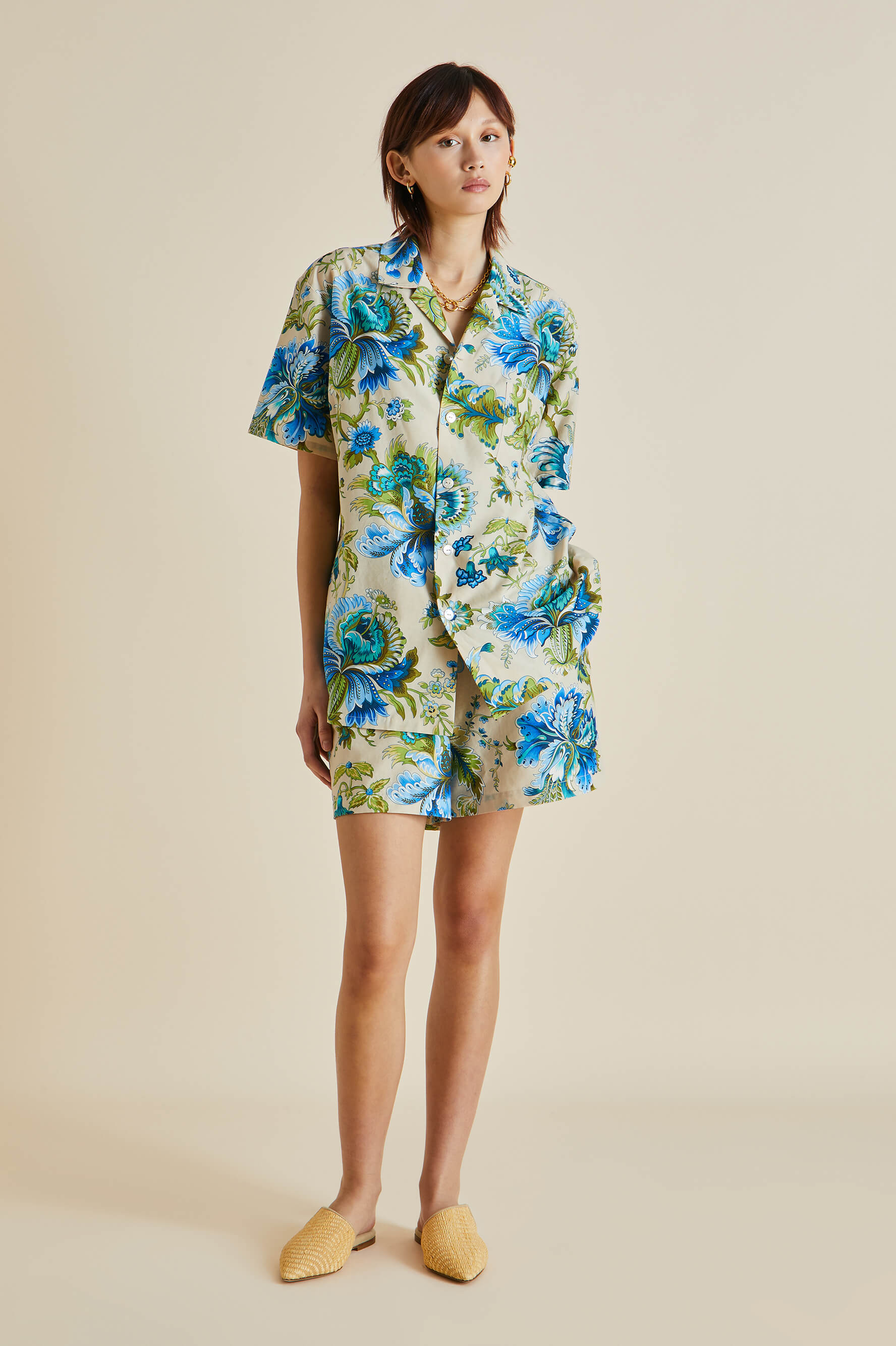 Emeli Jasmine Blue Floral Cotton-Silk Pajamas