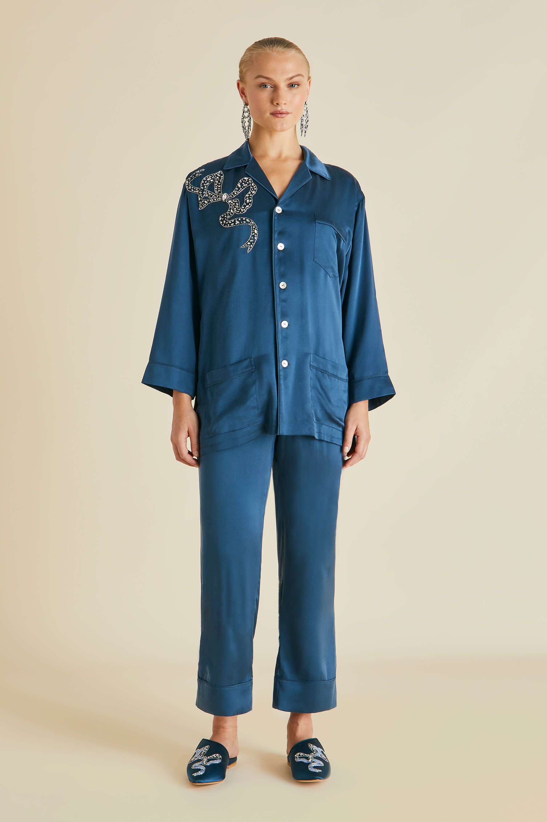Fifi Grace Blue Embellished Silk Satin Pajamas