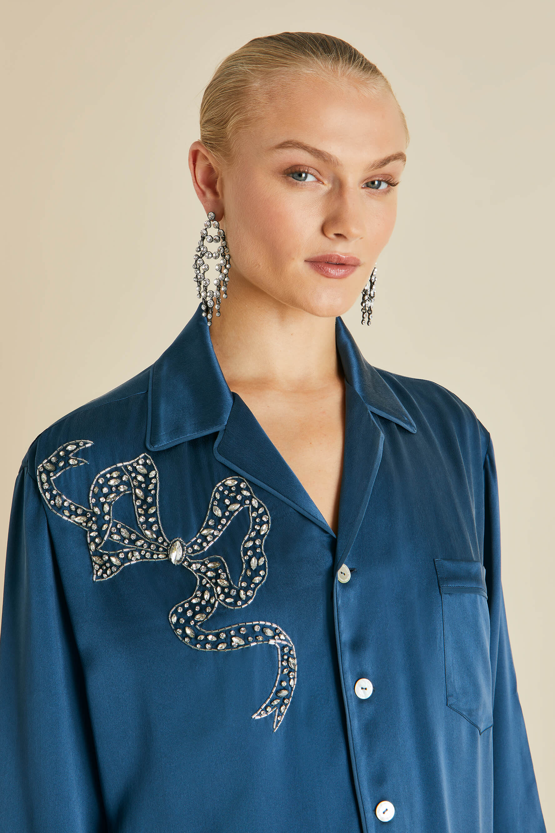 Fifi Grace Blue Embellished Pajamas in Silk Satin