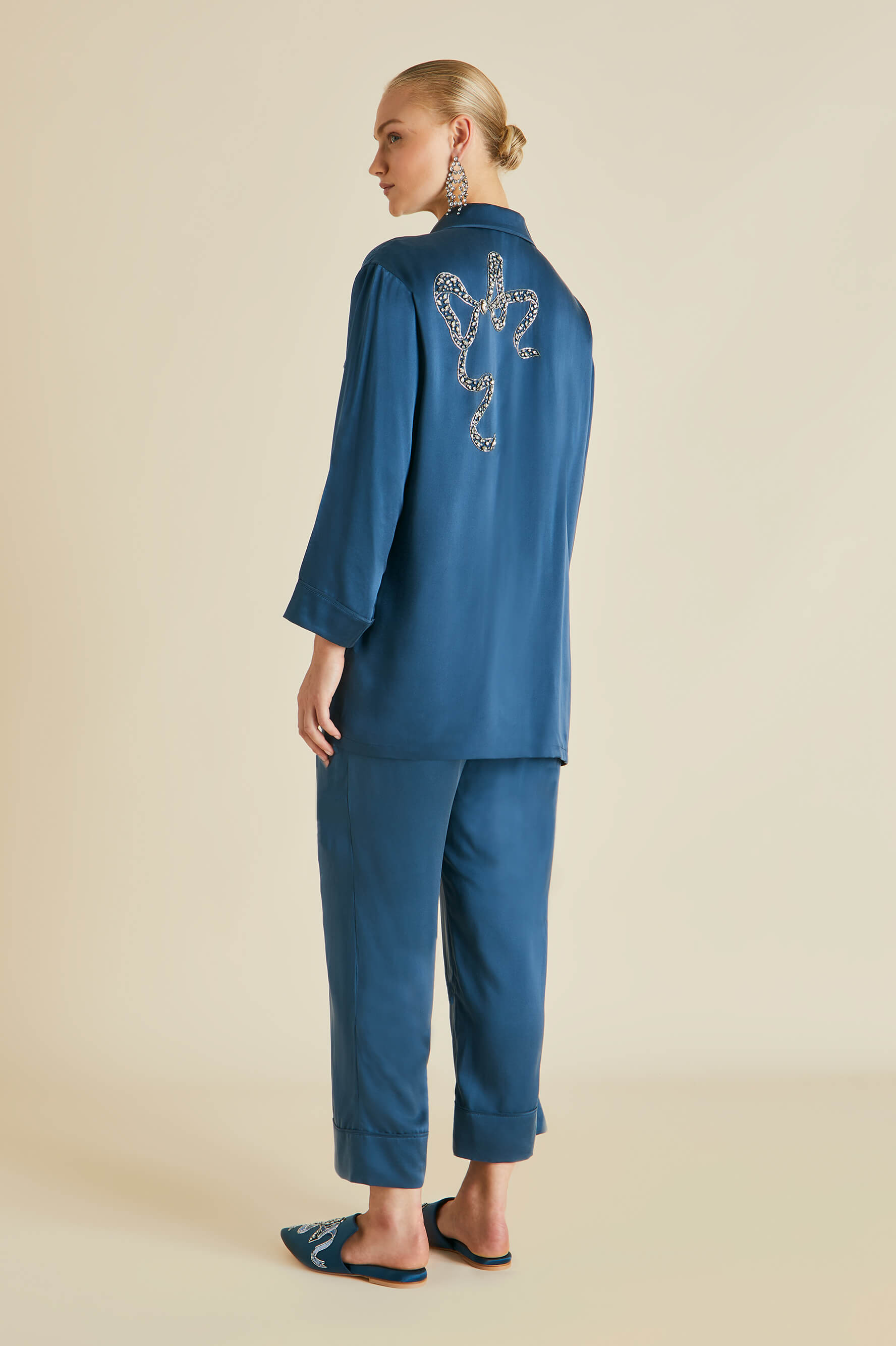 Fifi Grace Blue Embellished Pajamas in Silk Satin