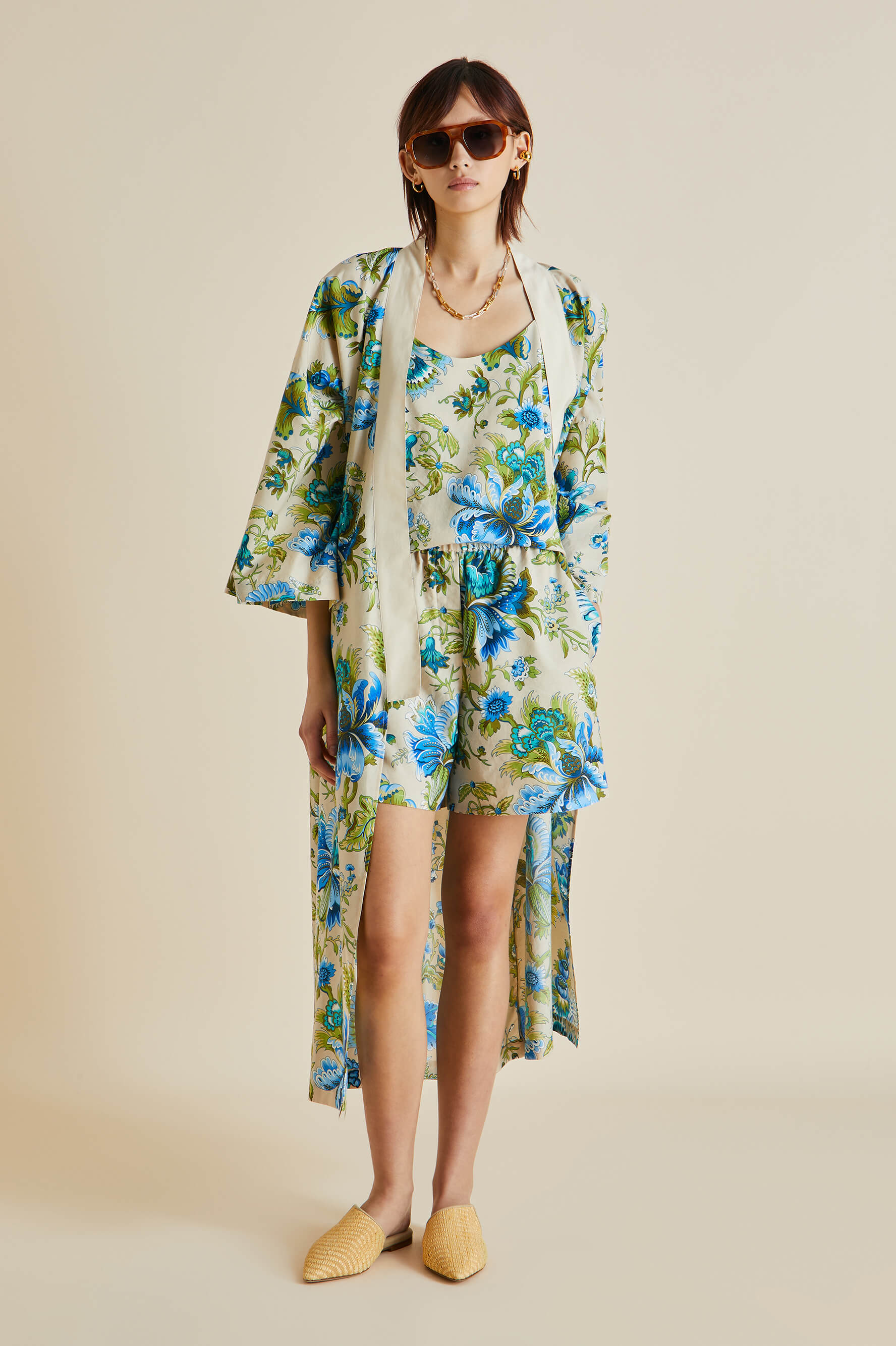 Indya Jasmine Blue Floral Cotton-Silk Pajamas