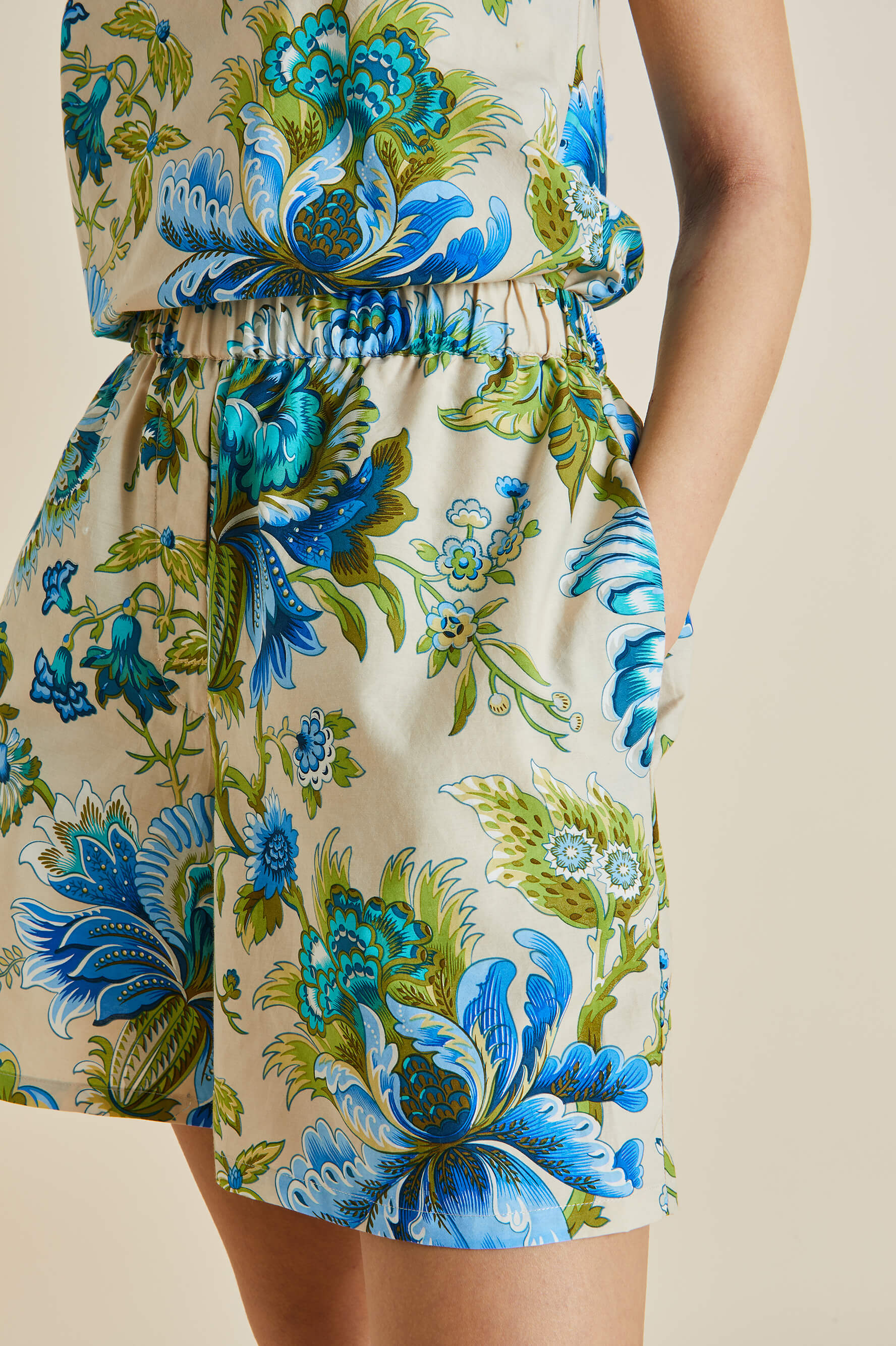 Indya Jasmine Blue Floral Cotton-Silk Pajamas