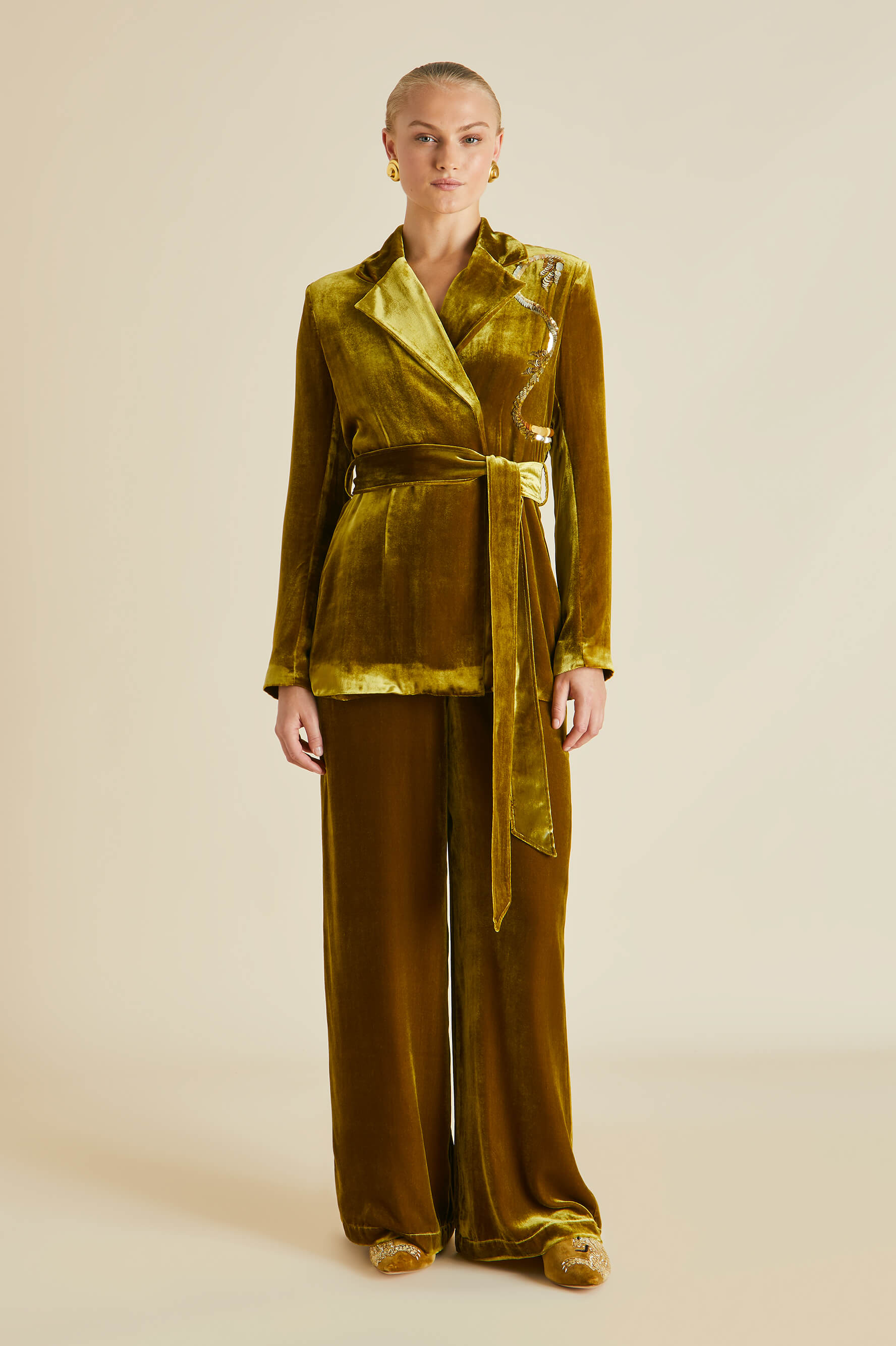 Jagger August Gold Embellished Pajamas in Silk Velvet