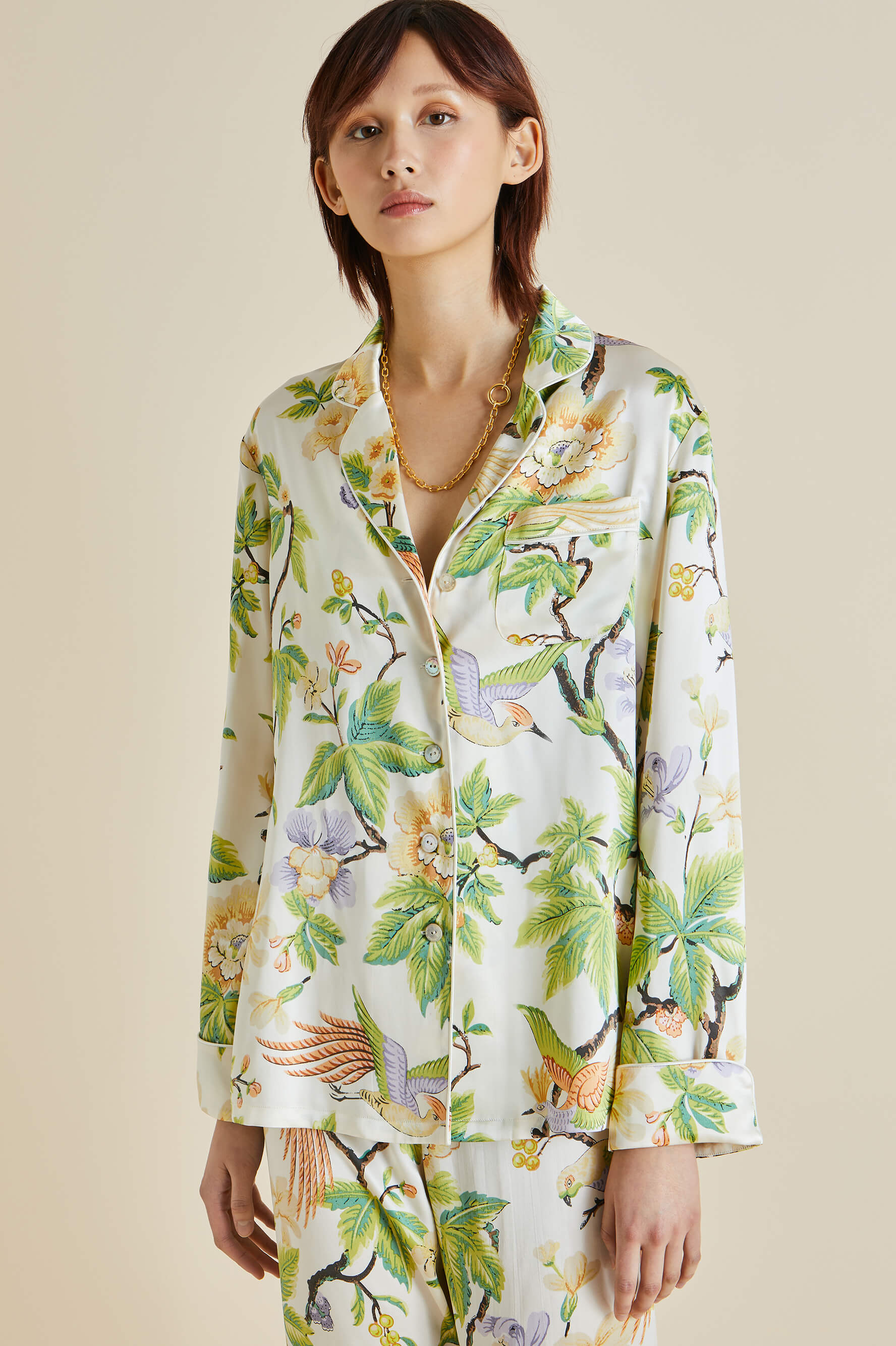 Lila Adisorn Cream Floral Silk Satin Pajamas
