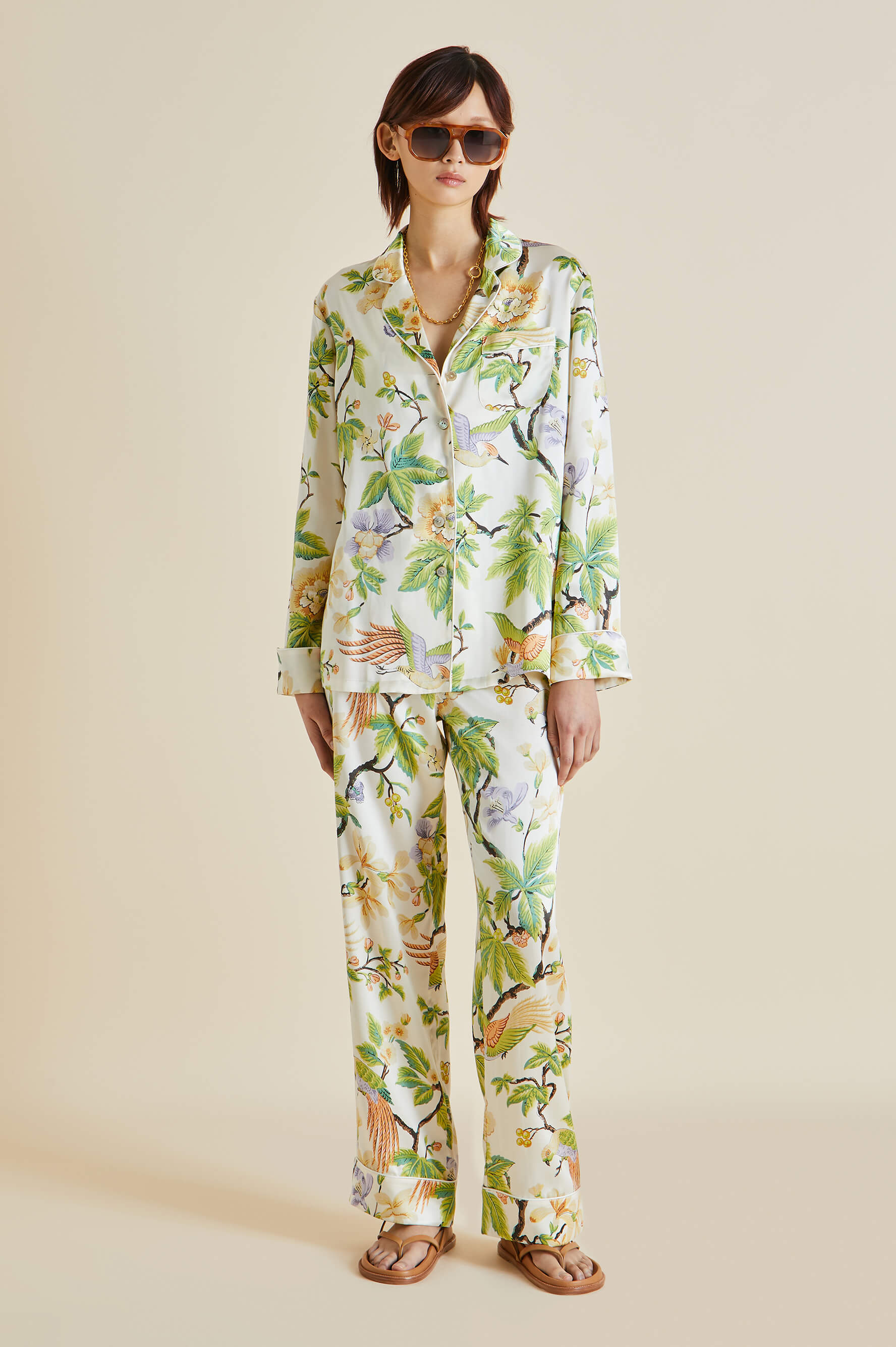 Lila Adisorn Cream Floral Silk Satin Pajamas