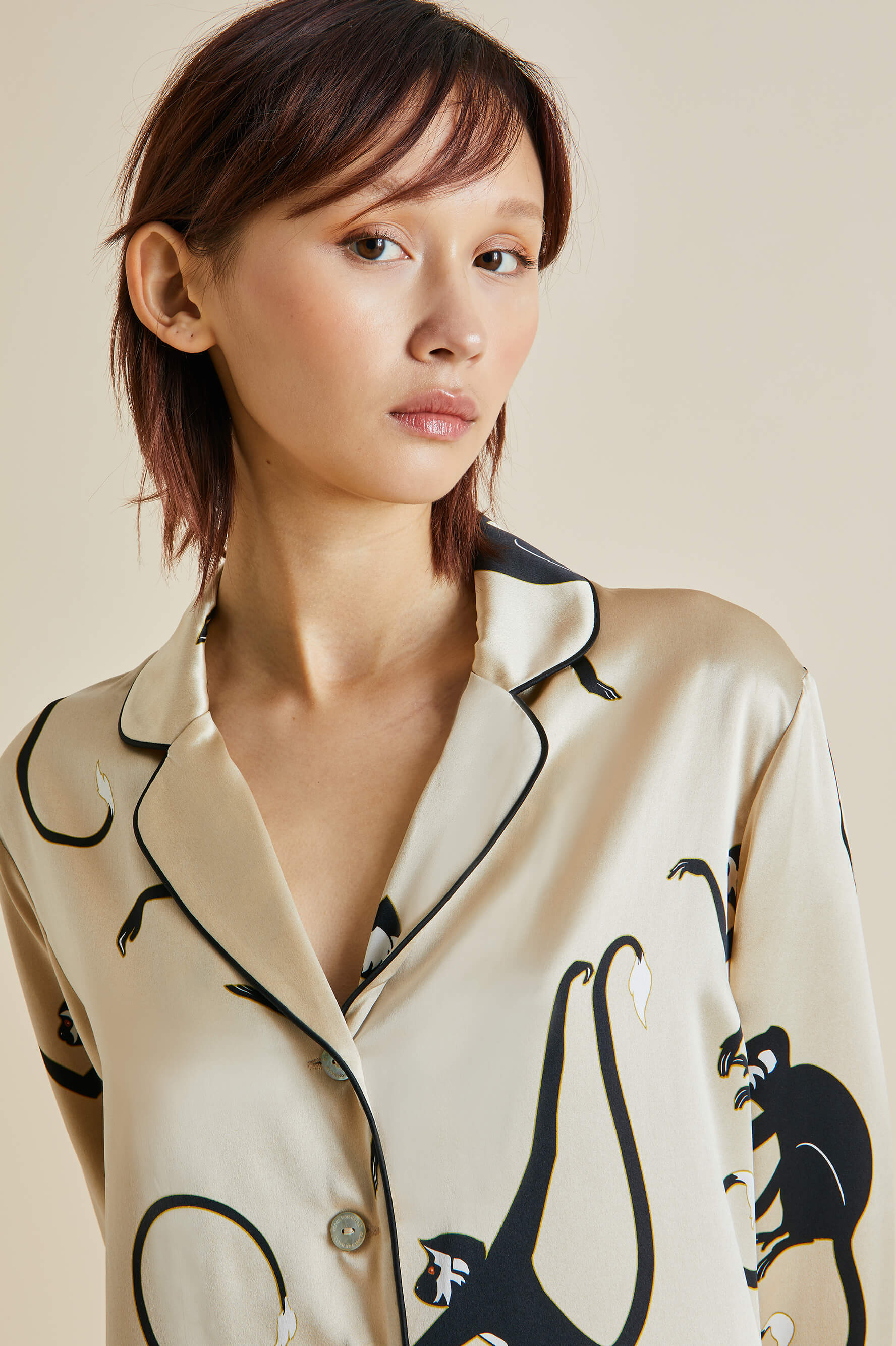 Lila Macaque Cream Monkey Silk Satin Pajamas