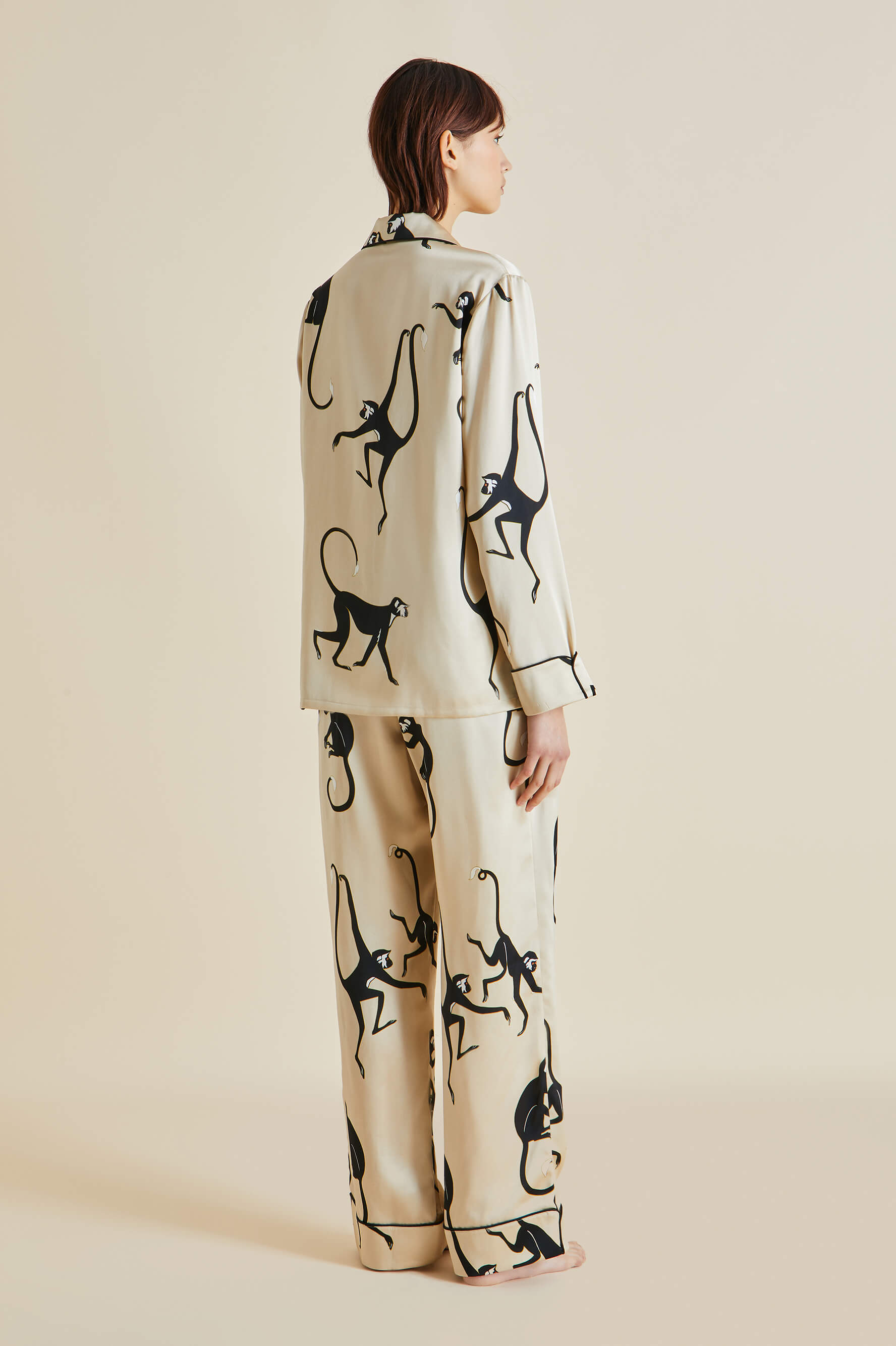 Lila Macaque Cream Monkey Silk Satin Pajamas