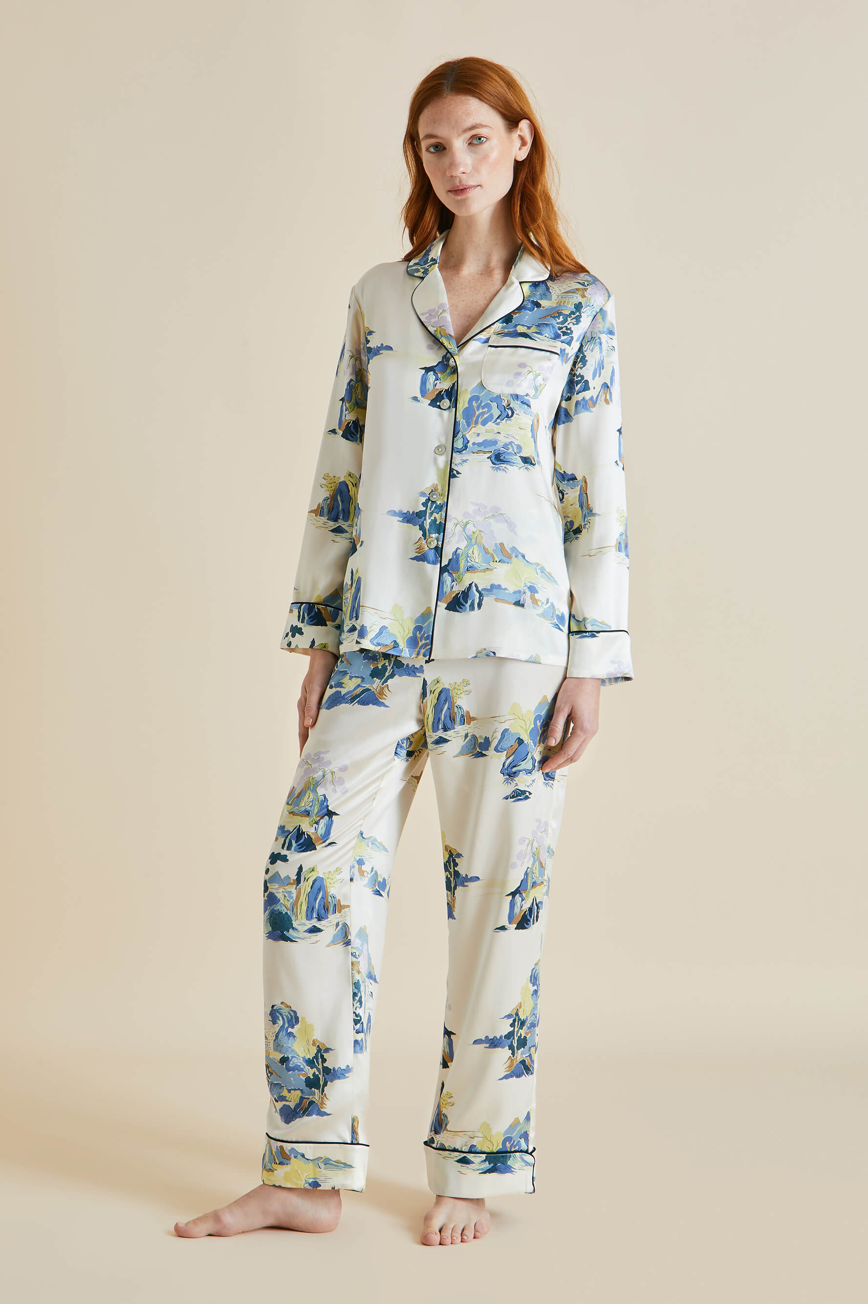 Lila Paradise Cream Mountainscape Silk Satin Pajamas