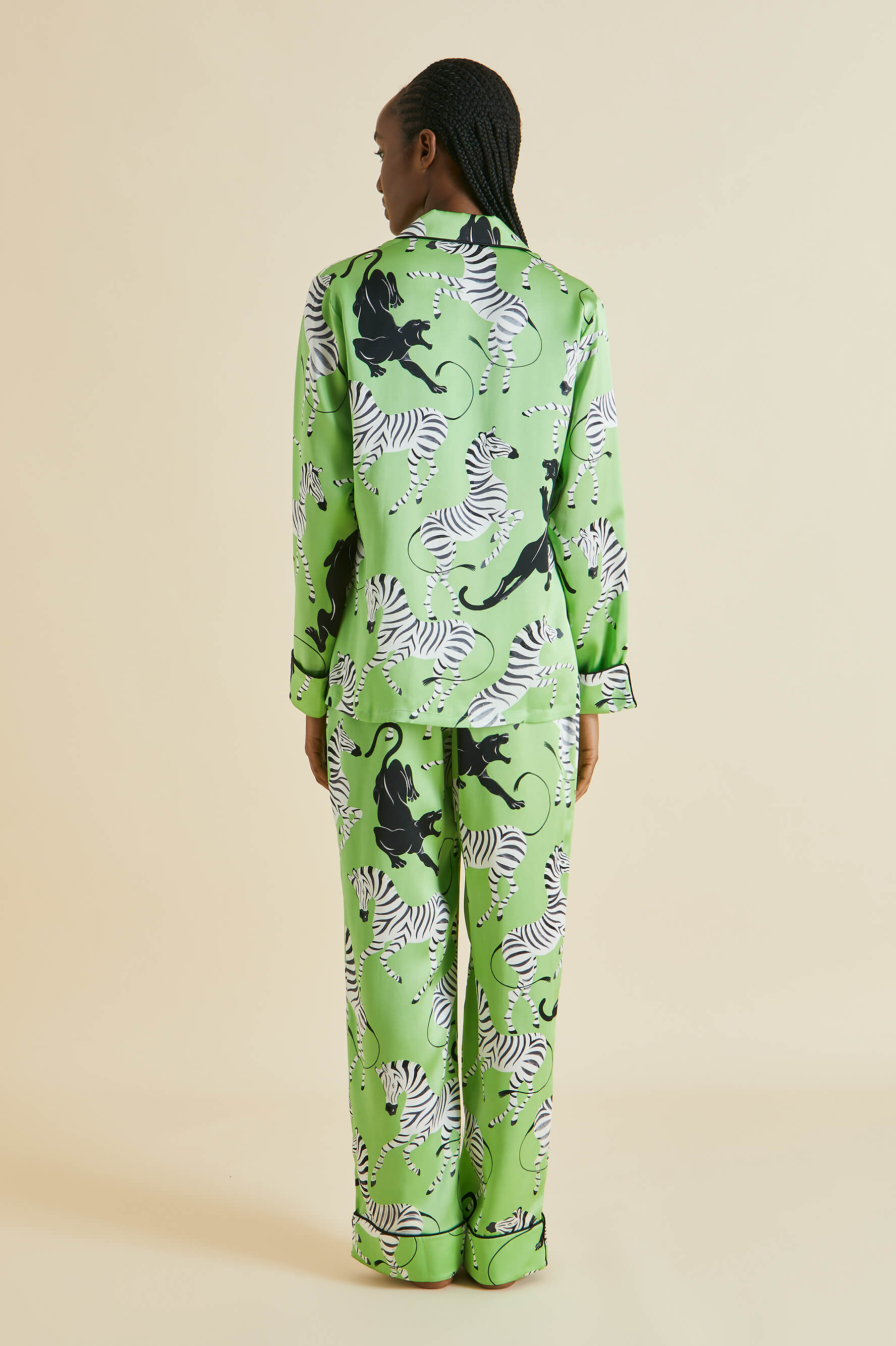 Olivia von Halle | Lila Deneuve Green Zebra Silk Satin pajamas