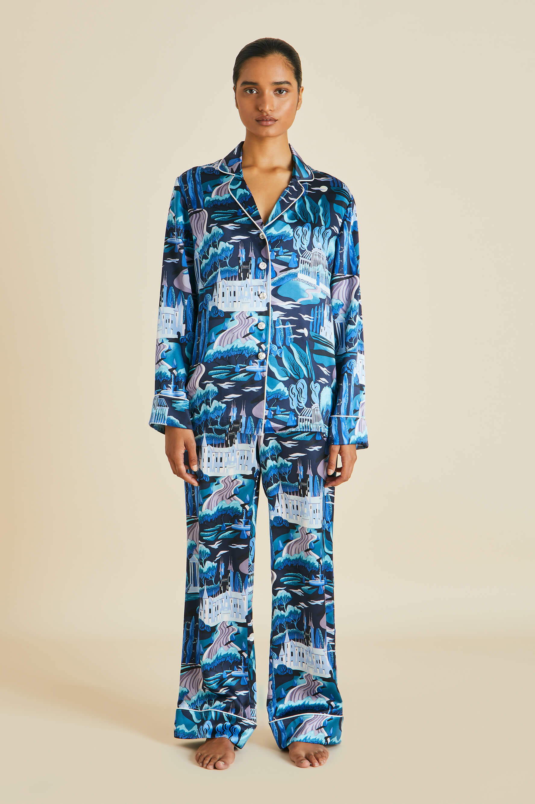 lila blue landscape silk pajamas