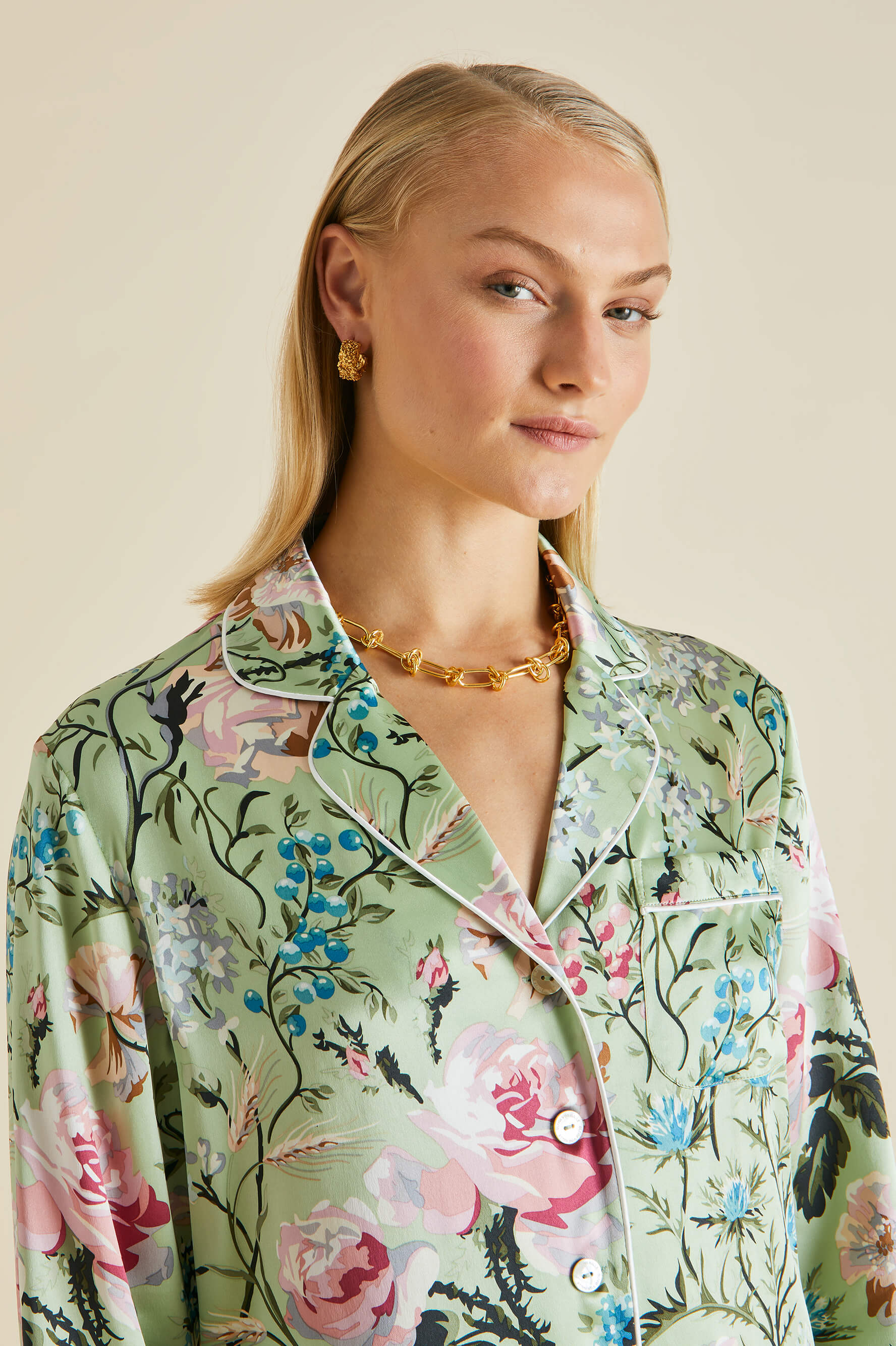 Lila Effie Green Floral Silk Satin Pajamas