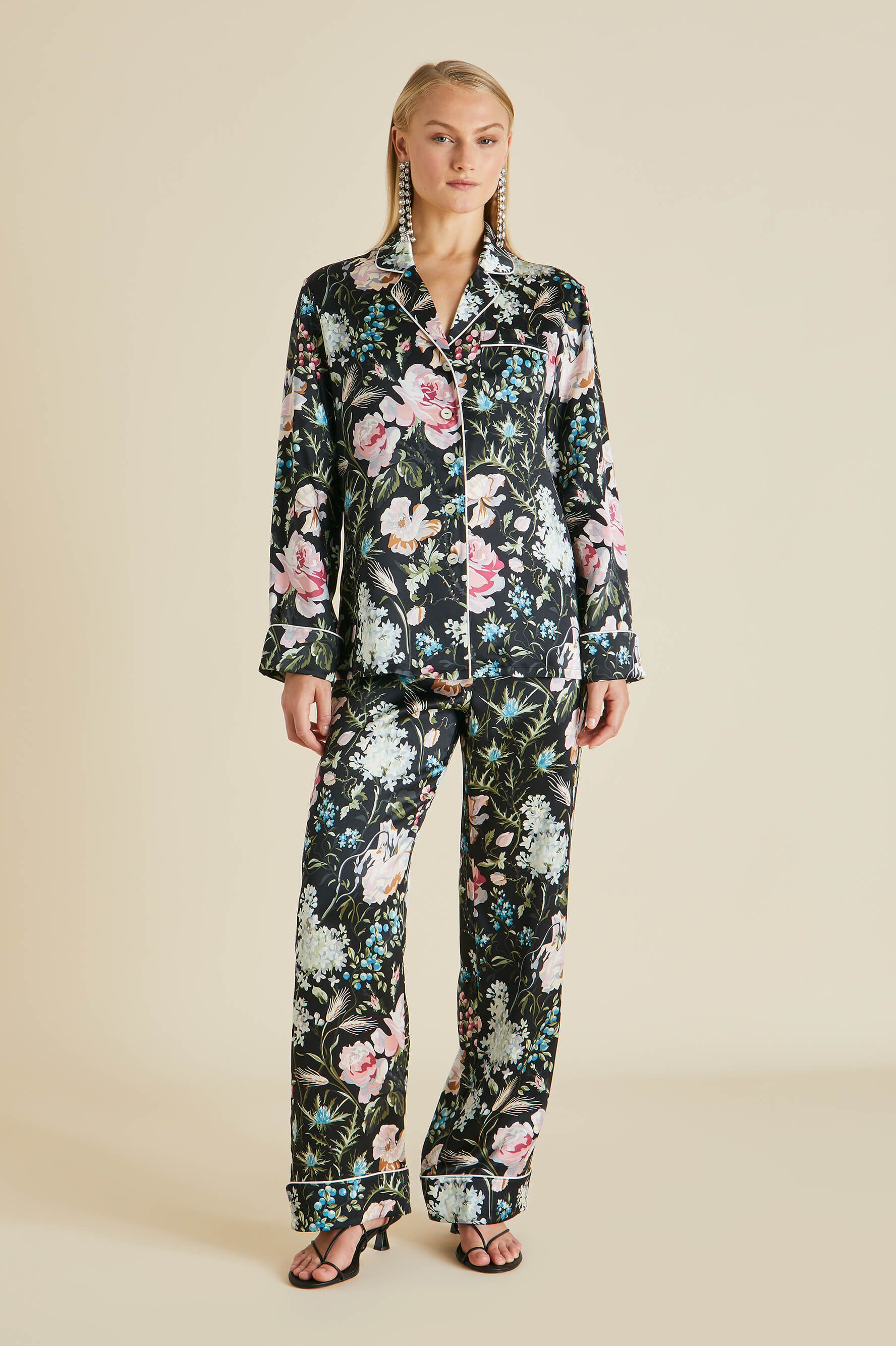 lila black floral silk pajamas