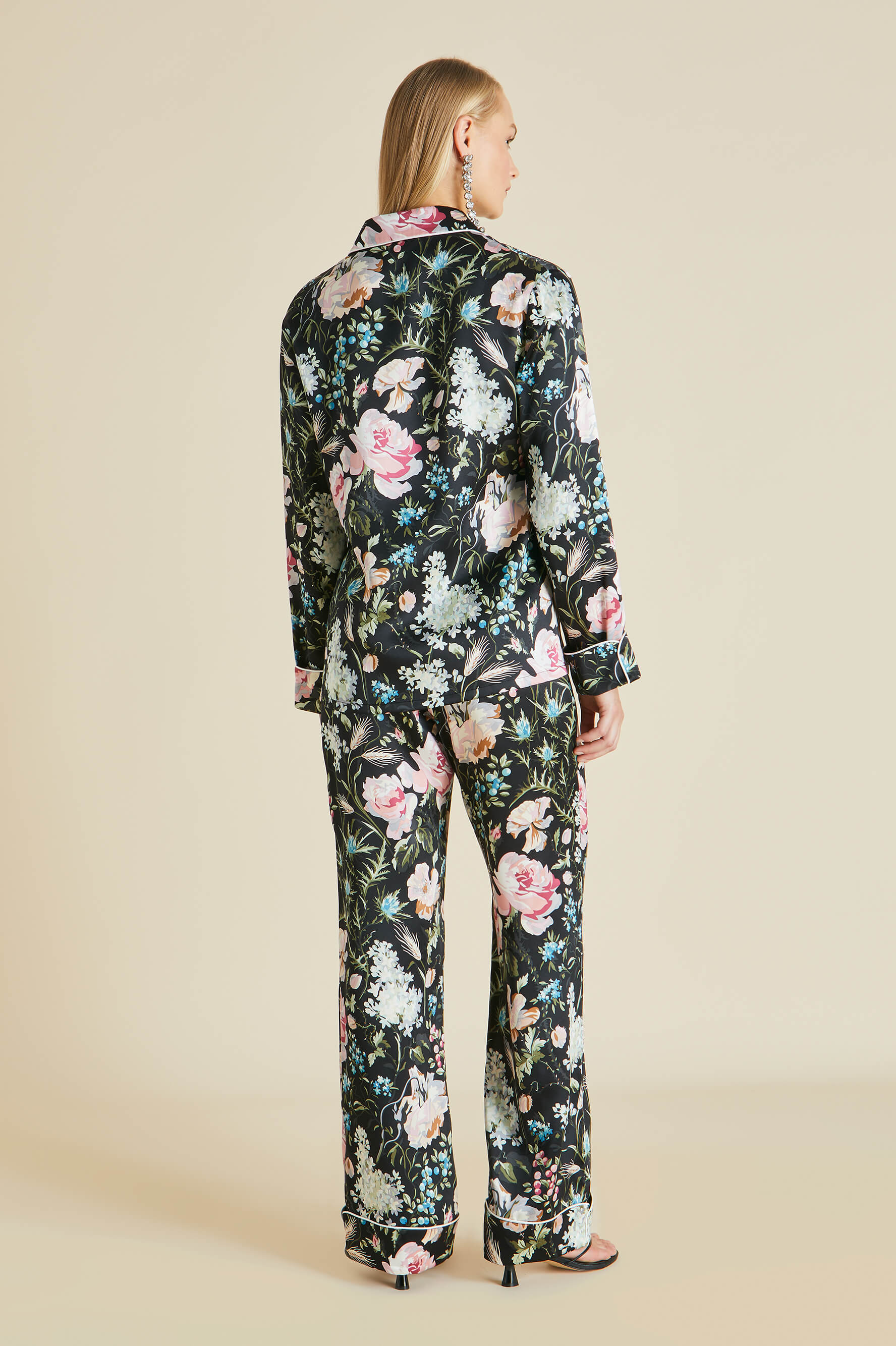 Lila Esme Black Floral Pajamas in Silk Satin