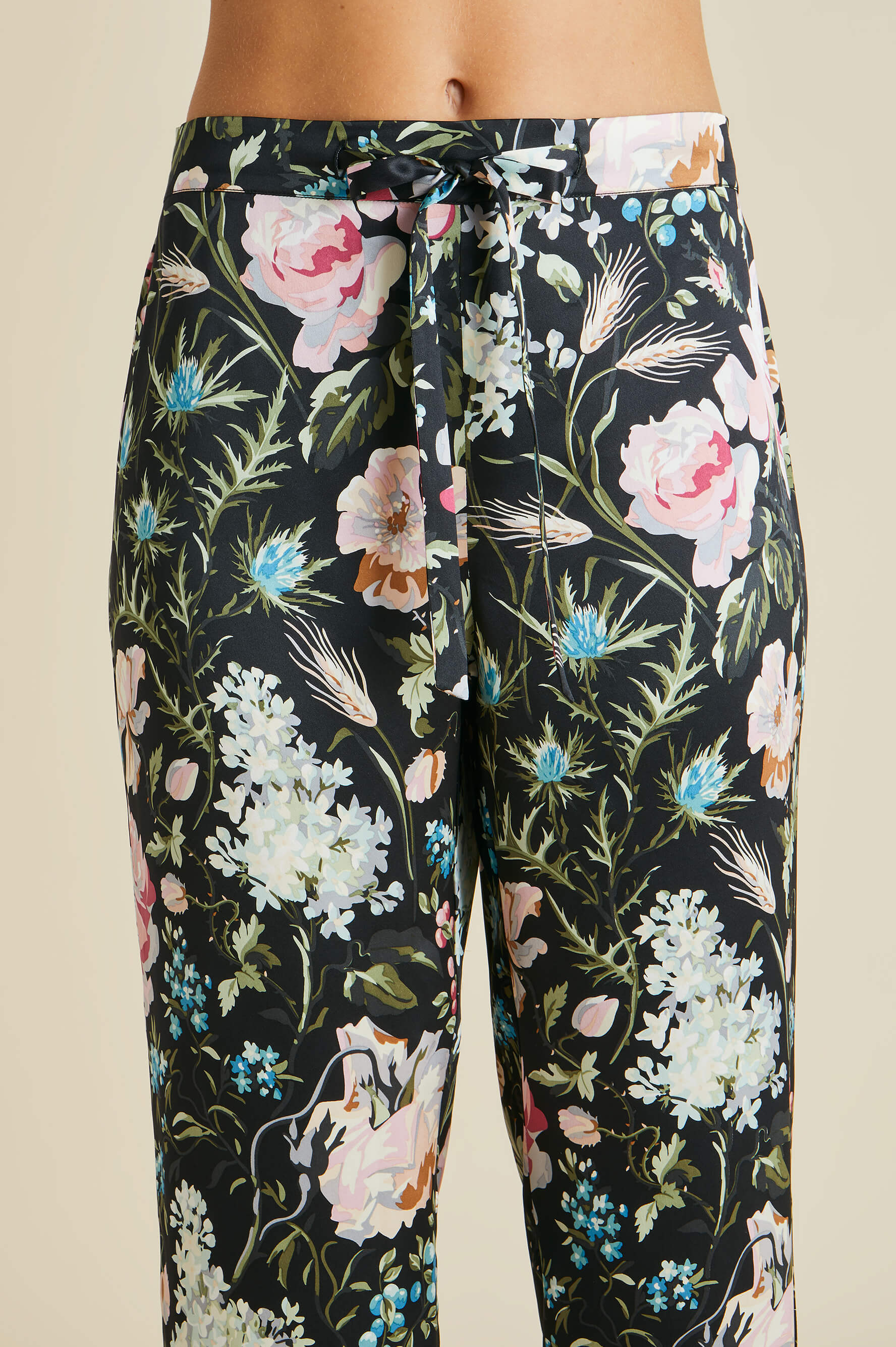 Lila Esme Black Floral Pajamas in Silk Satin