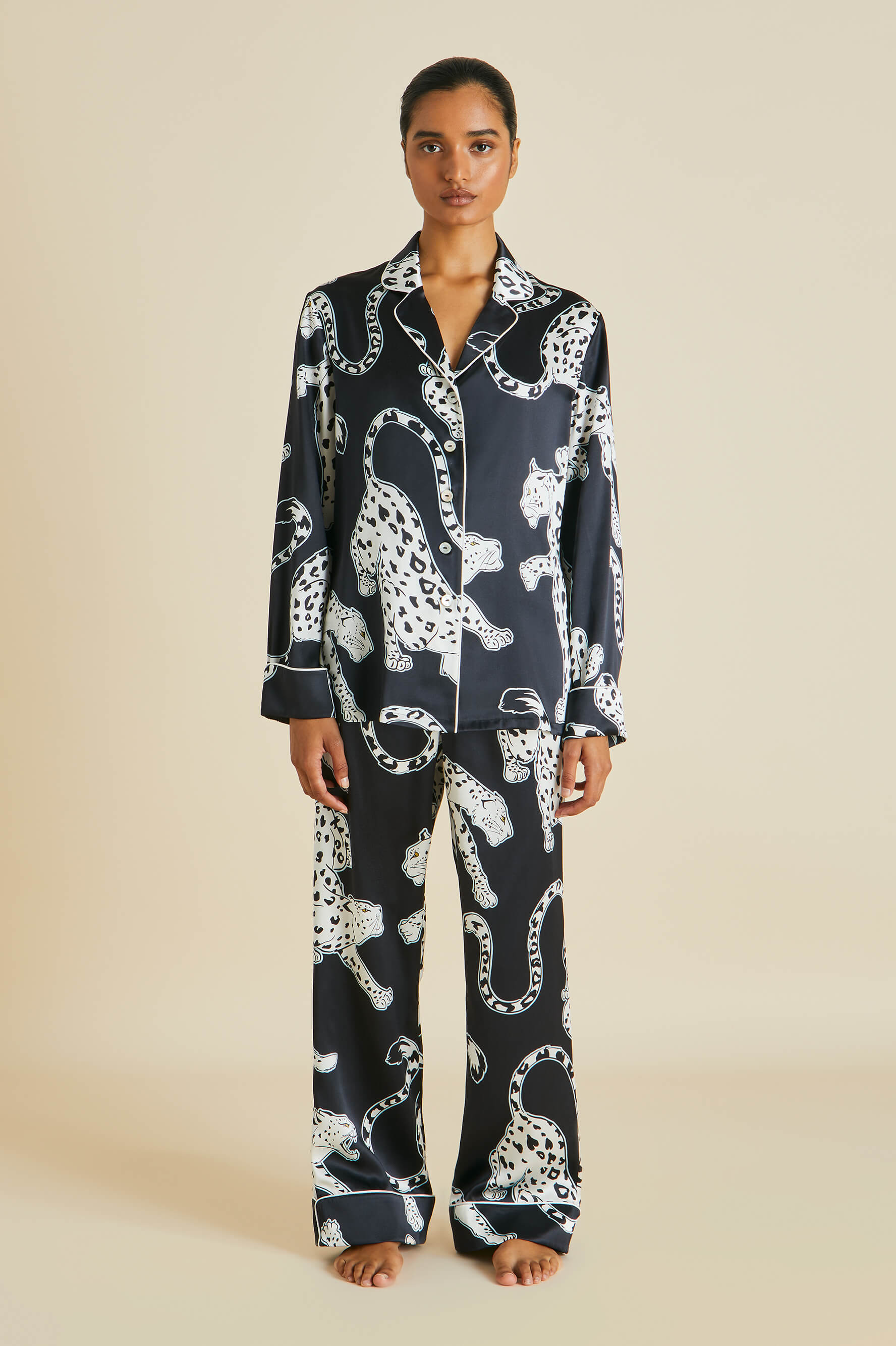 Lila Isla Black Leopard Pajamas in Silk Satin | Olivia von Halle