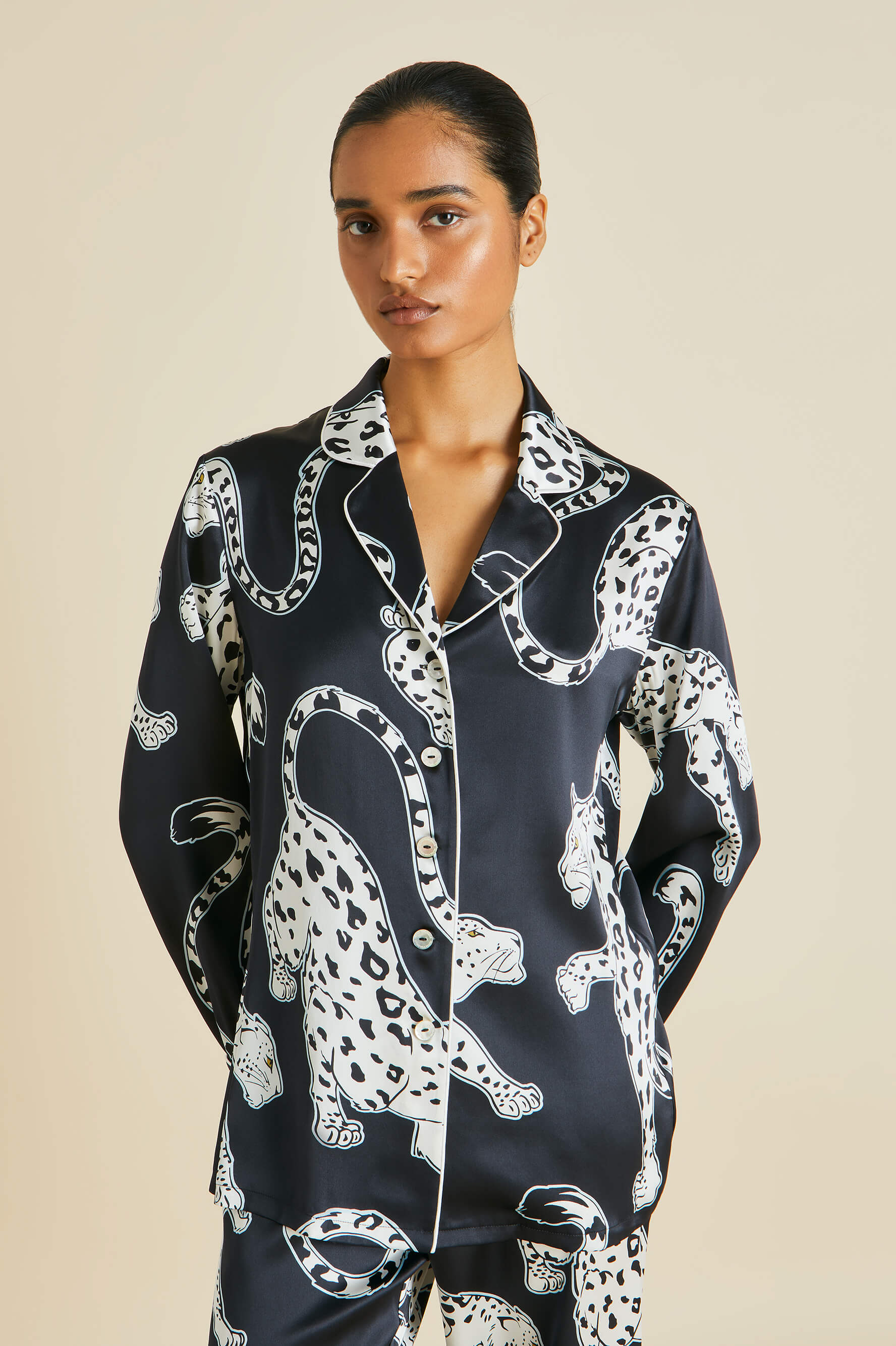 Lila Isla Black Leopard Pajamas in Silk Satin