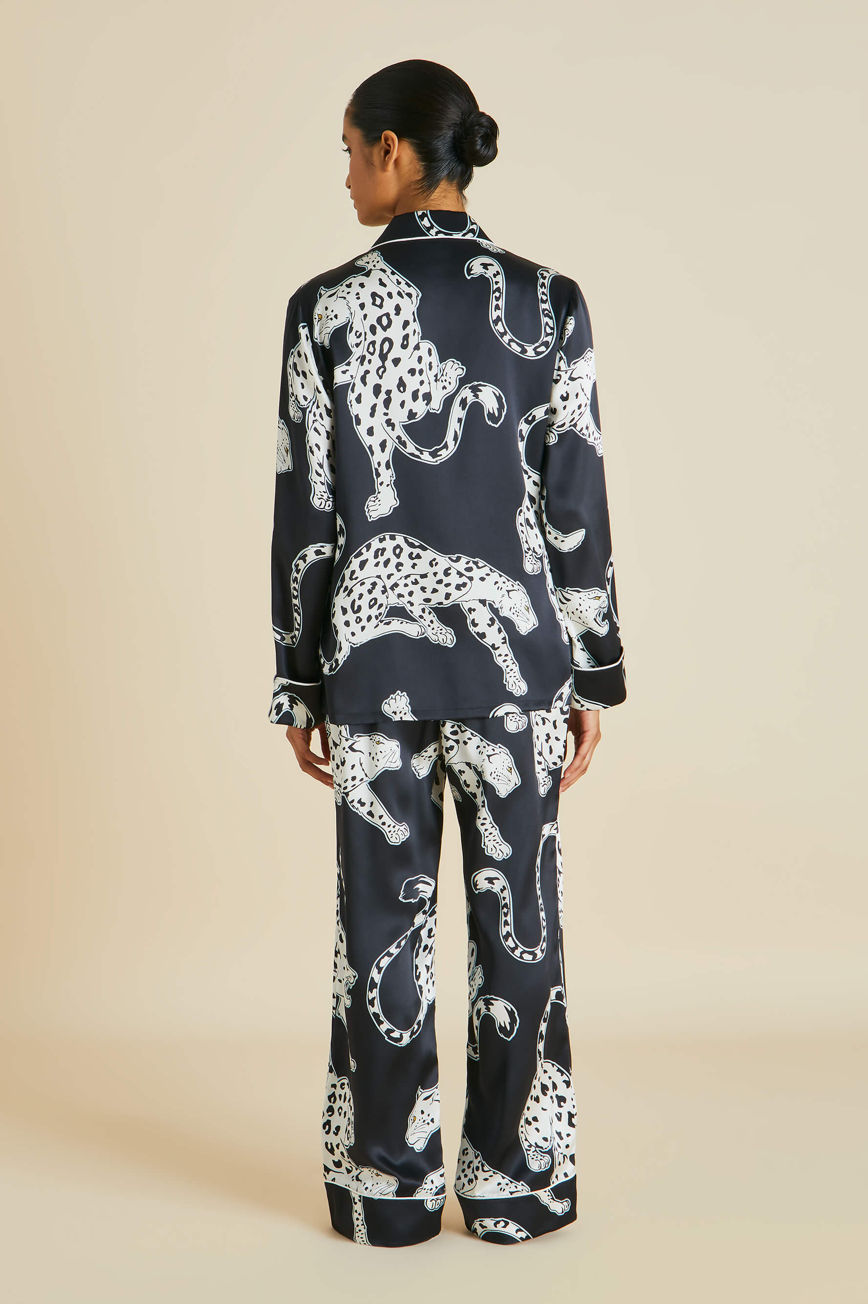 Lila Isla Black Leopard Pajamas in Silk Satin | Olivia von Halle