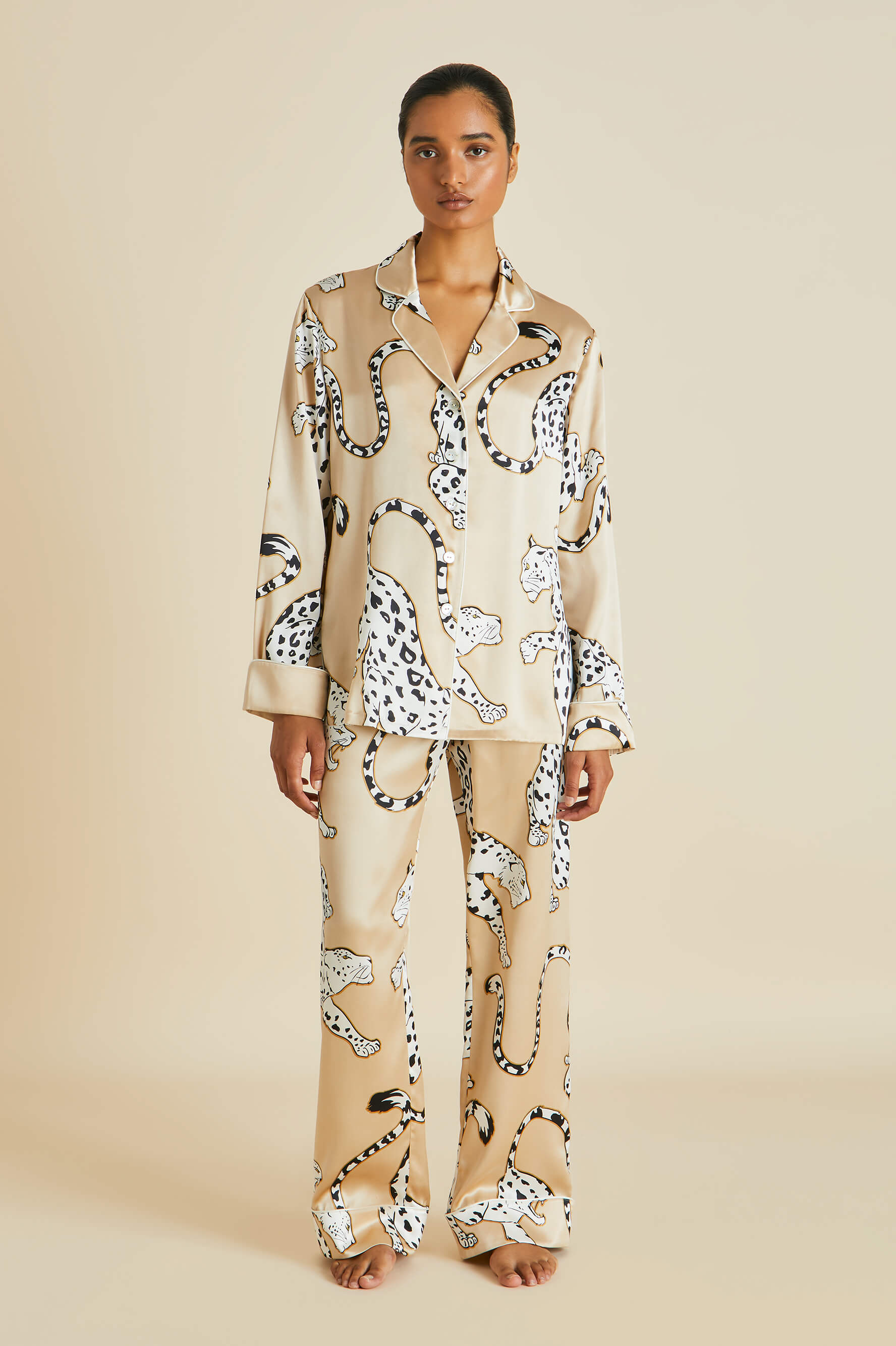 Lila Muir Beige Leopard Pajamas in Silk Satin | Olivia von Halle