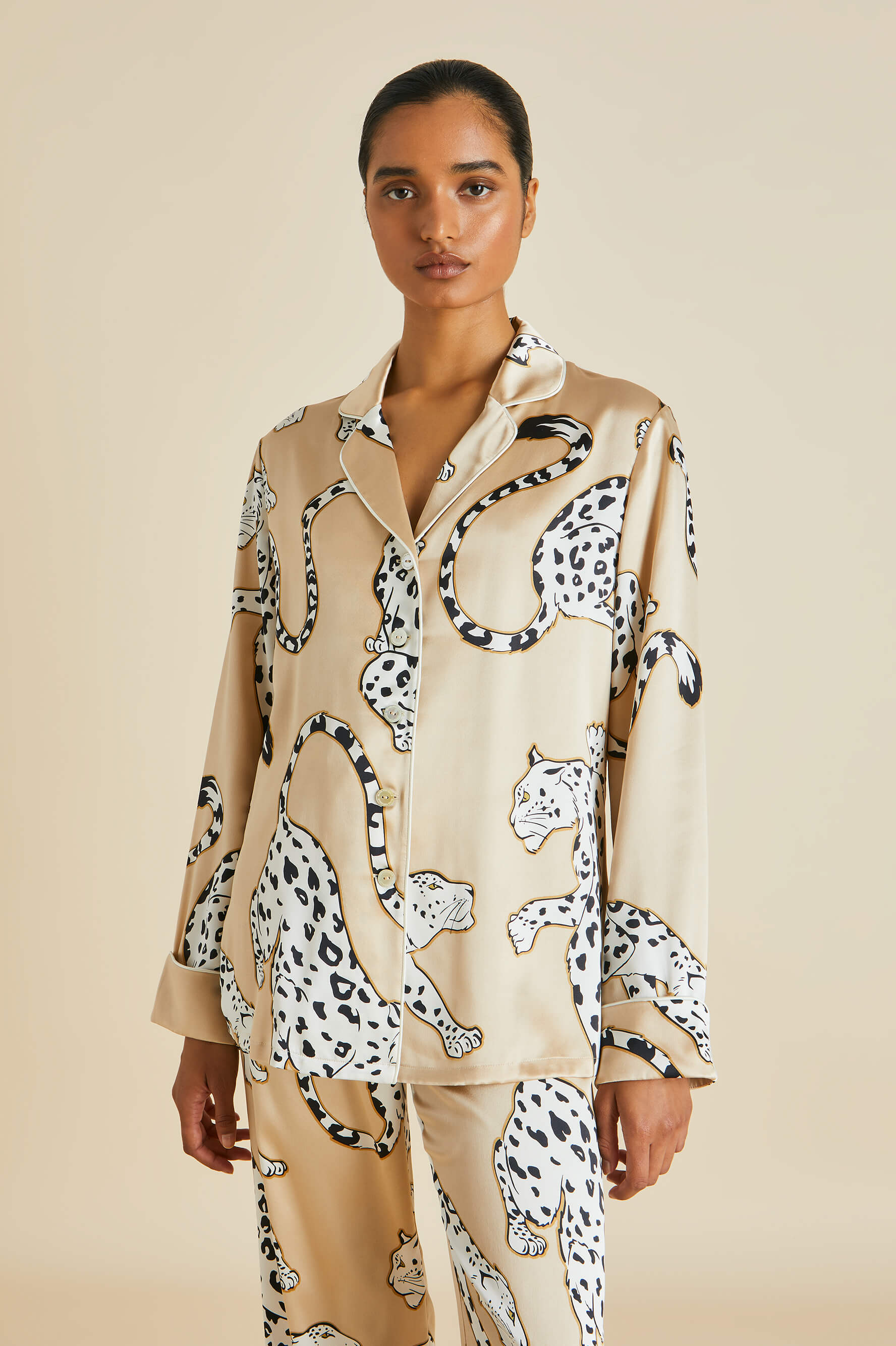 Olivia von Halle | Lila Satin Silk Muir Pajamas Beige Leopard
