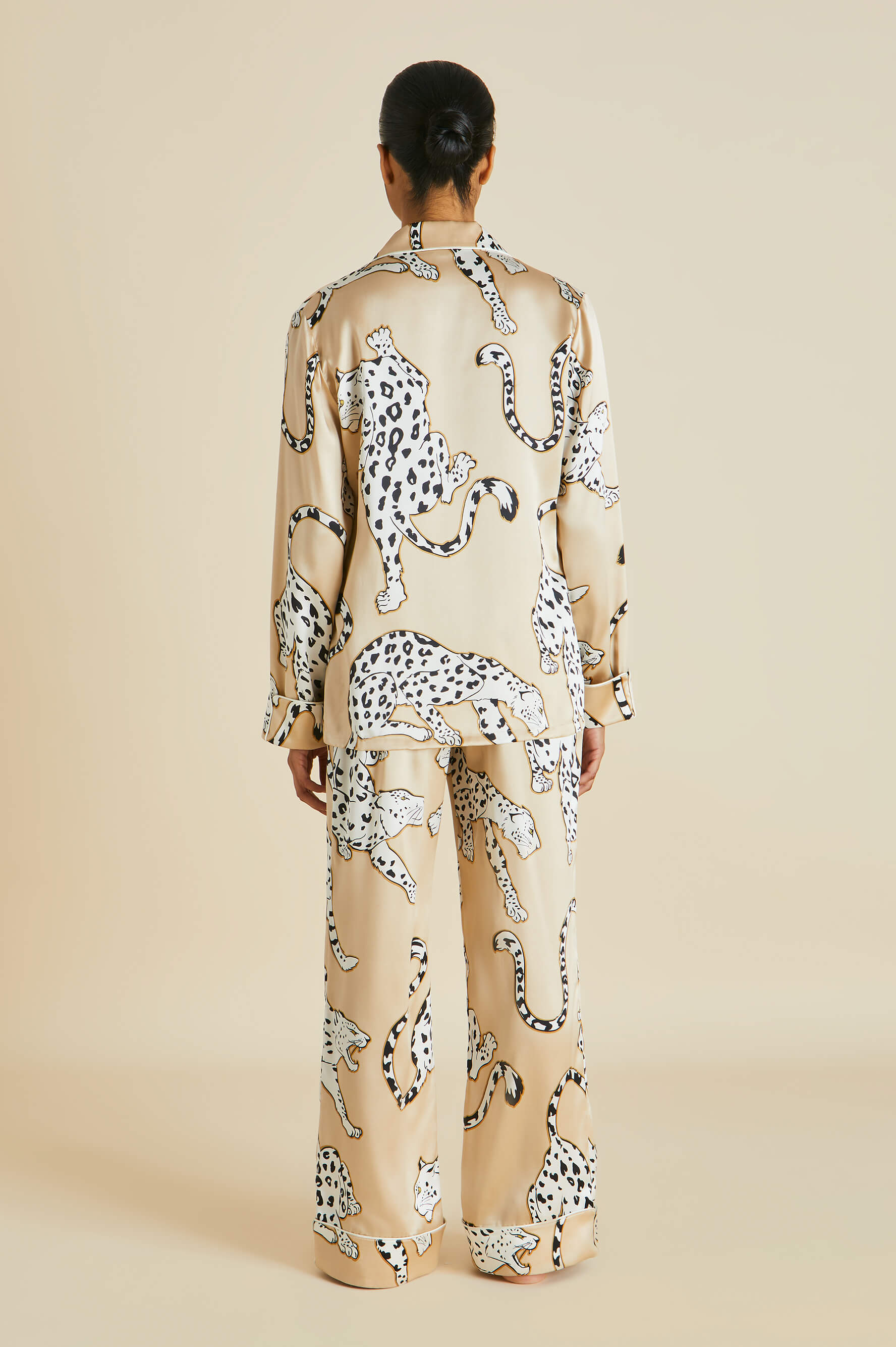 Lila Muir Beige Leopard Silk Satin Pajamas