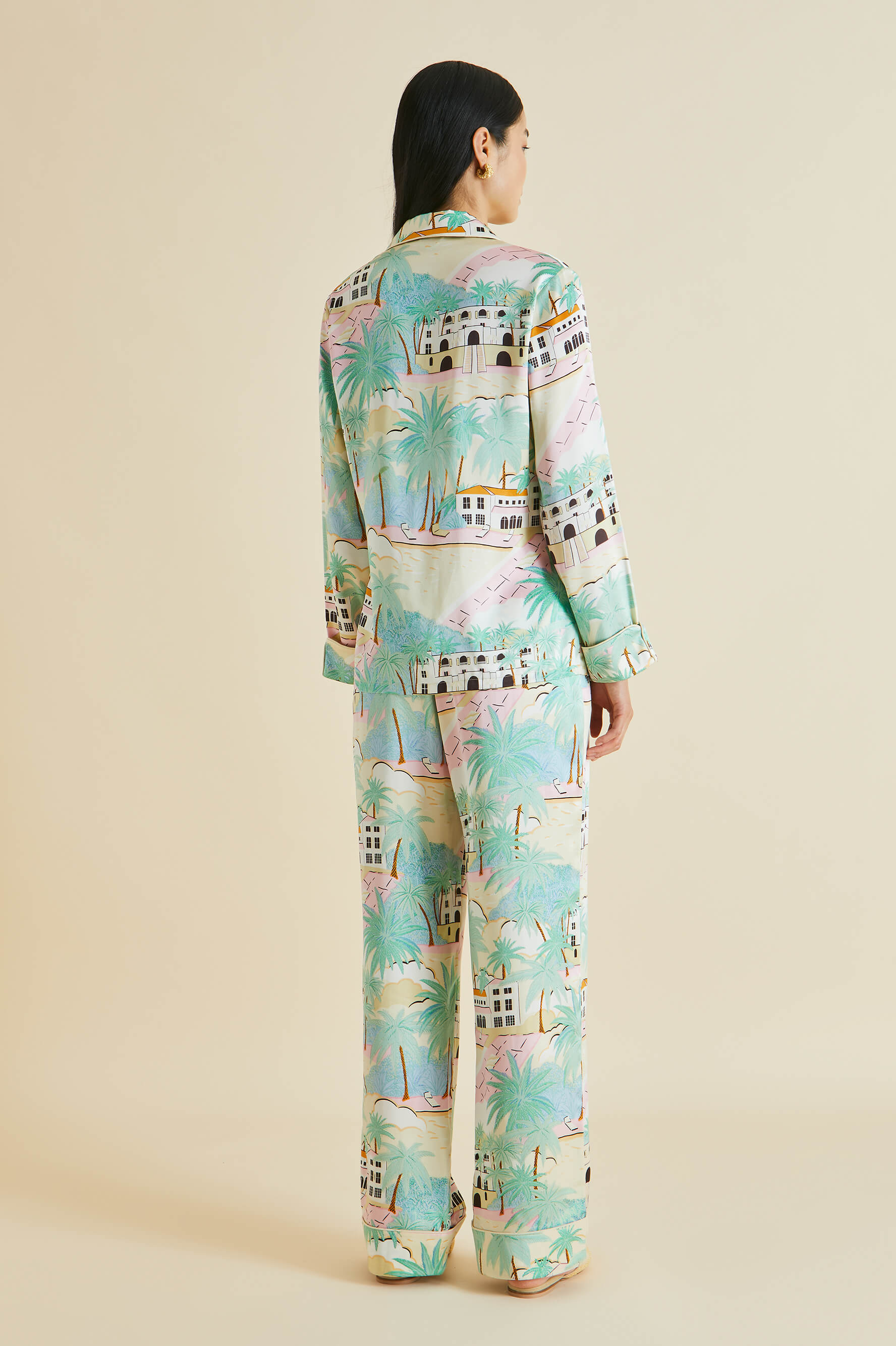Olivia von Halle | Lila Pampelonne Green Palm Silk Satin pajamas