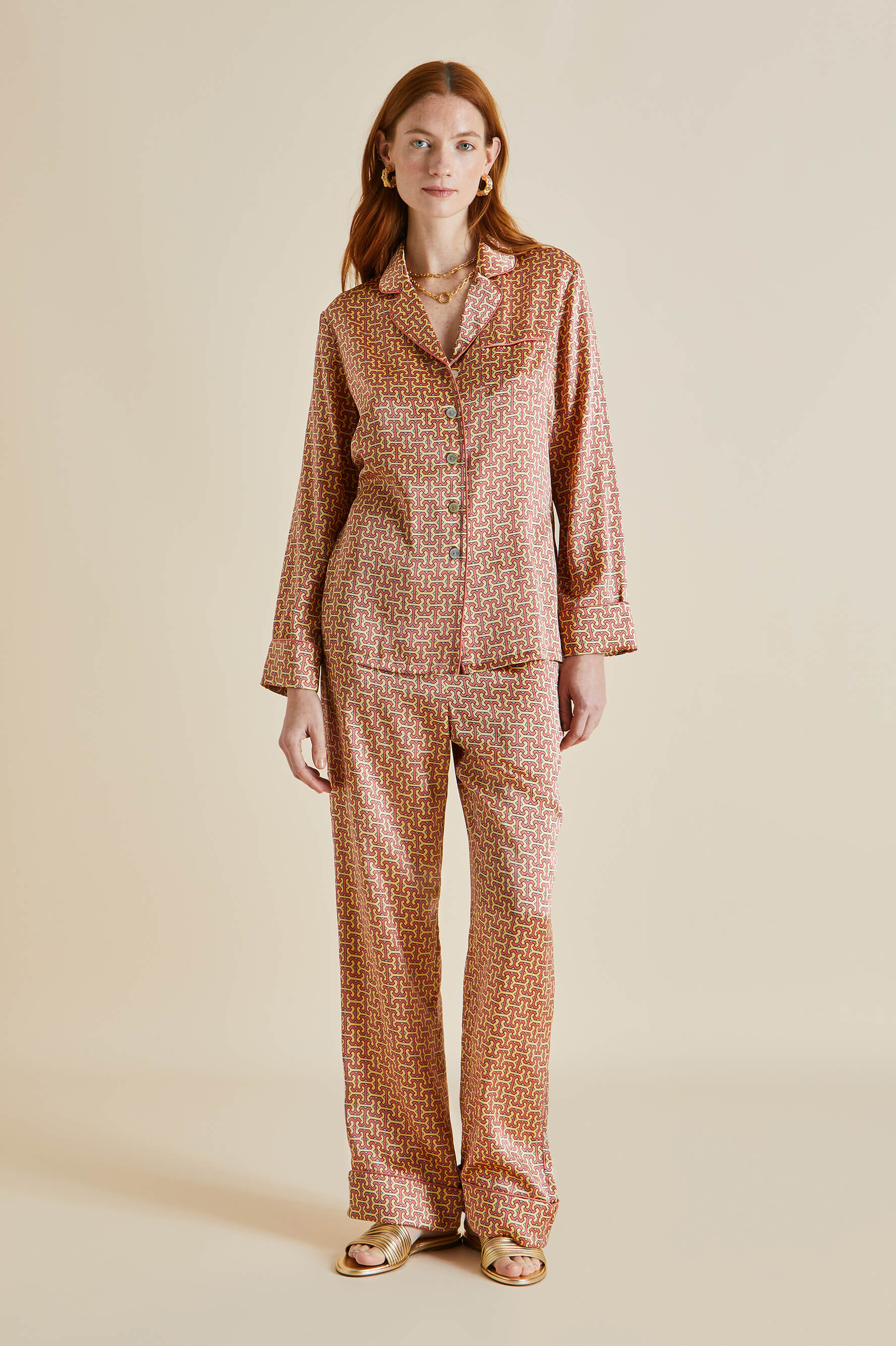 Lila Hibiscus Rose Geometric Silk Satin Pajamas