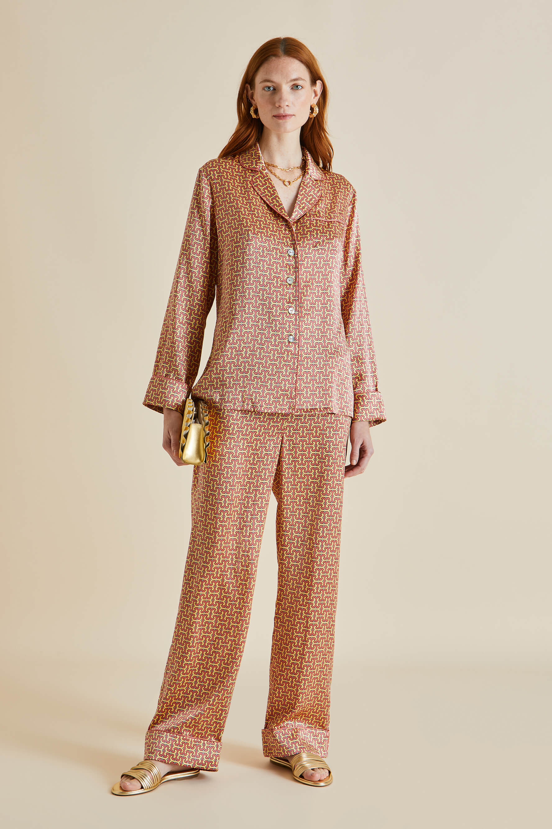 Lila Hibiscus Rose Geometric Silk Satin Pajamas