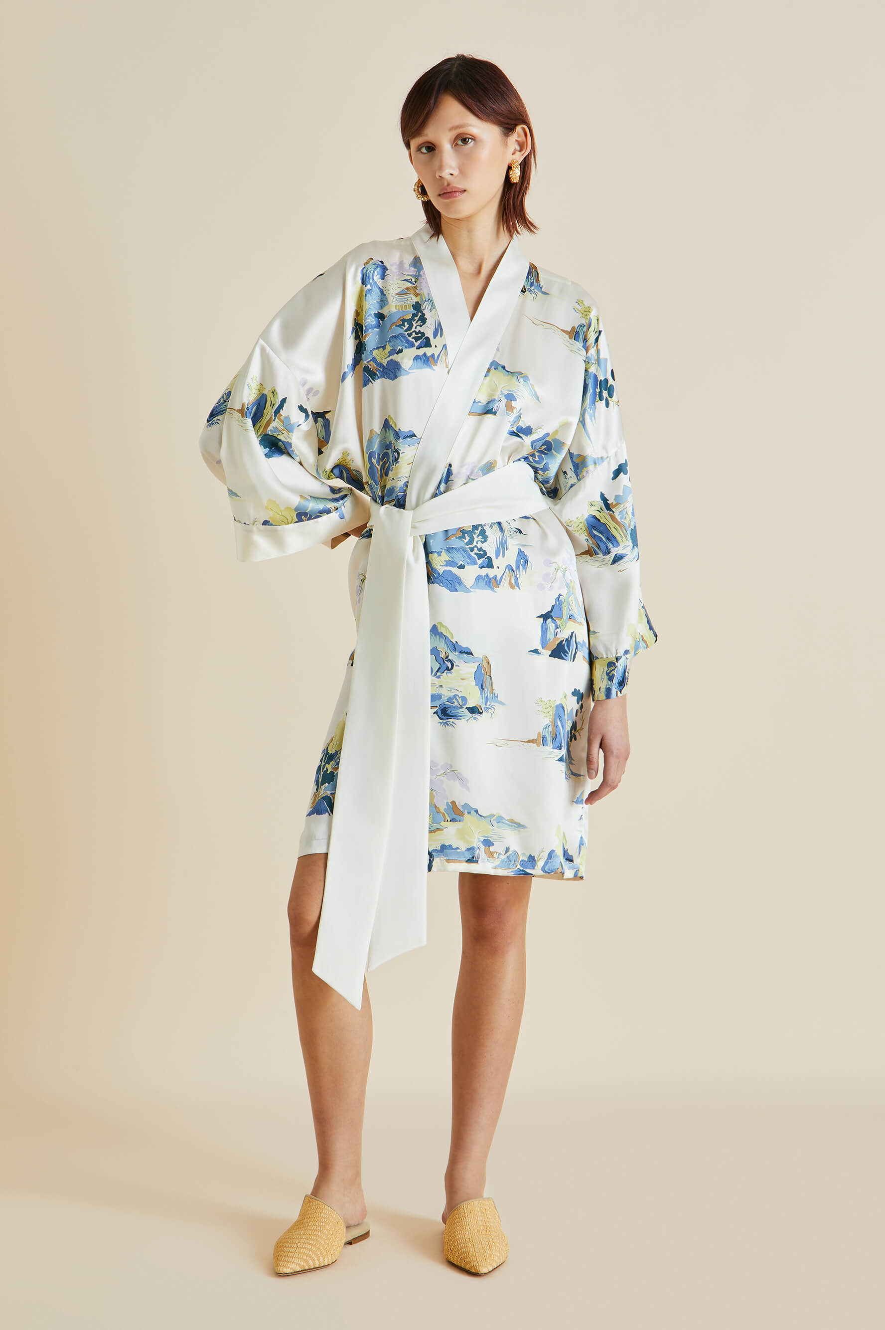 Mimi Paradise Cream Mountainscape Silk Satin Robe