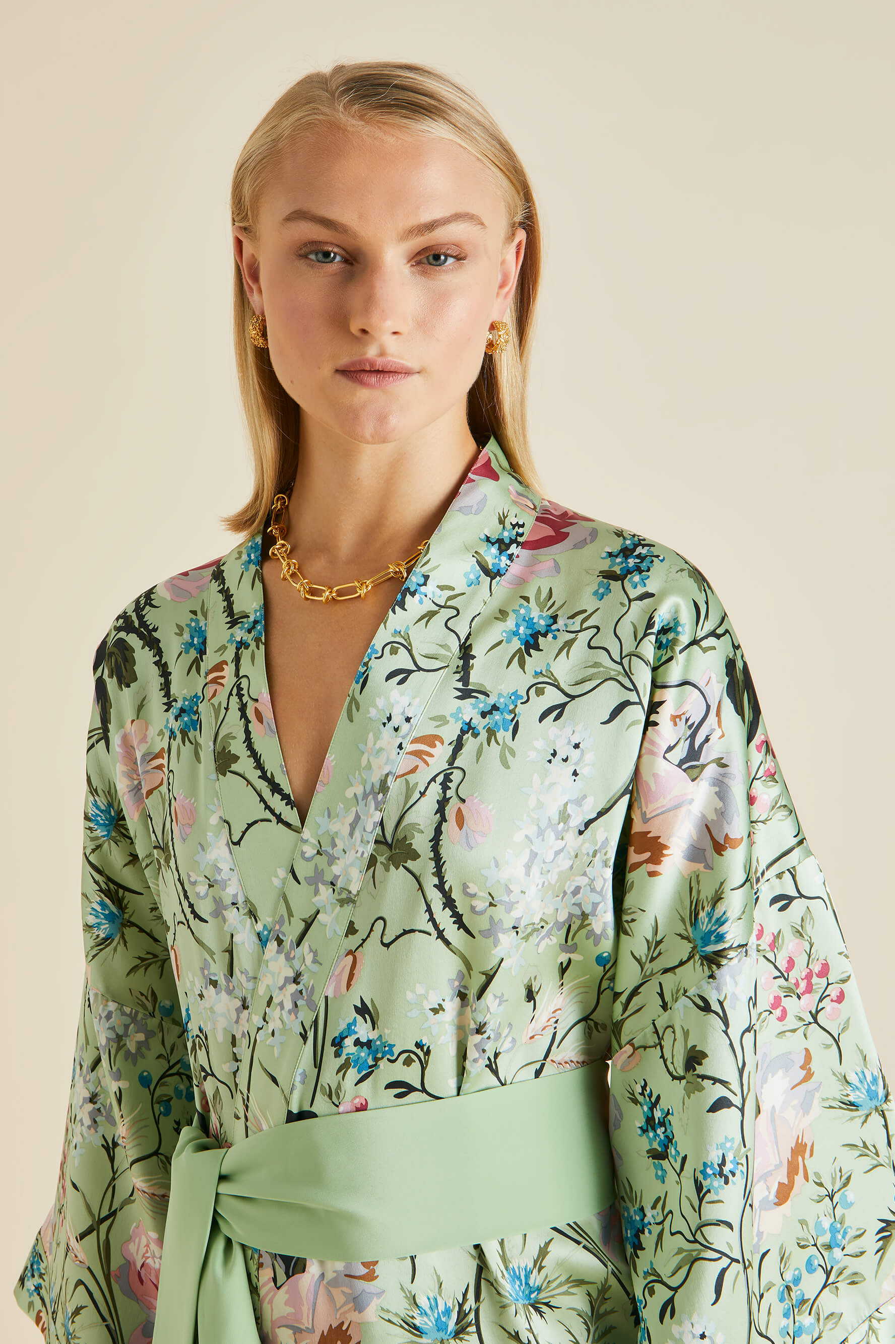 Mimi Effie Green Floral Robe in Silk Satin