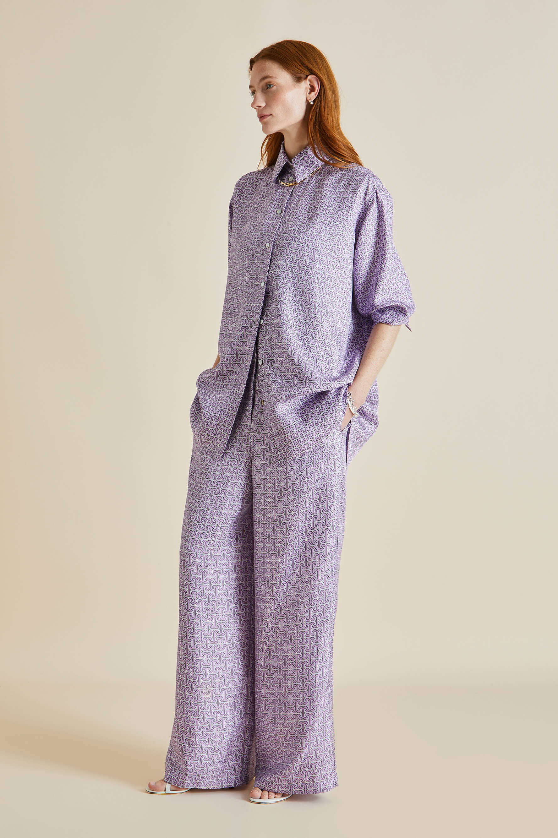 Wolfe Horizon Lilac Geometric Silk Twill Pajamas