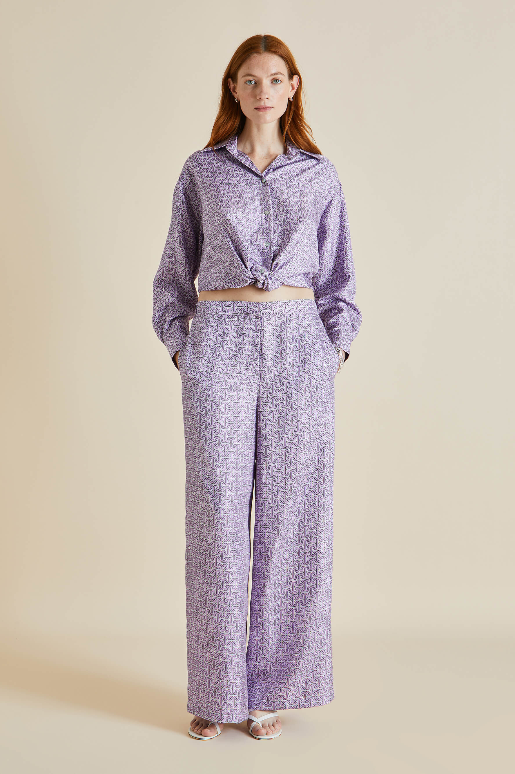 Wolfe Horizon Lilac Geometric Silk Twill Pajamas