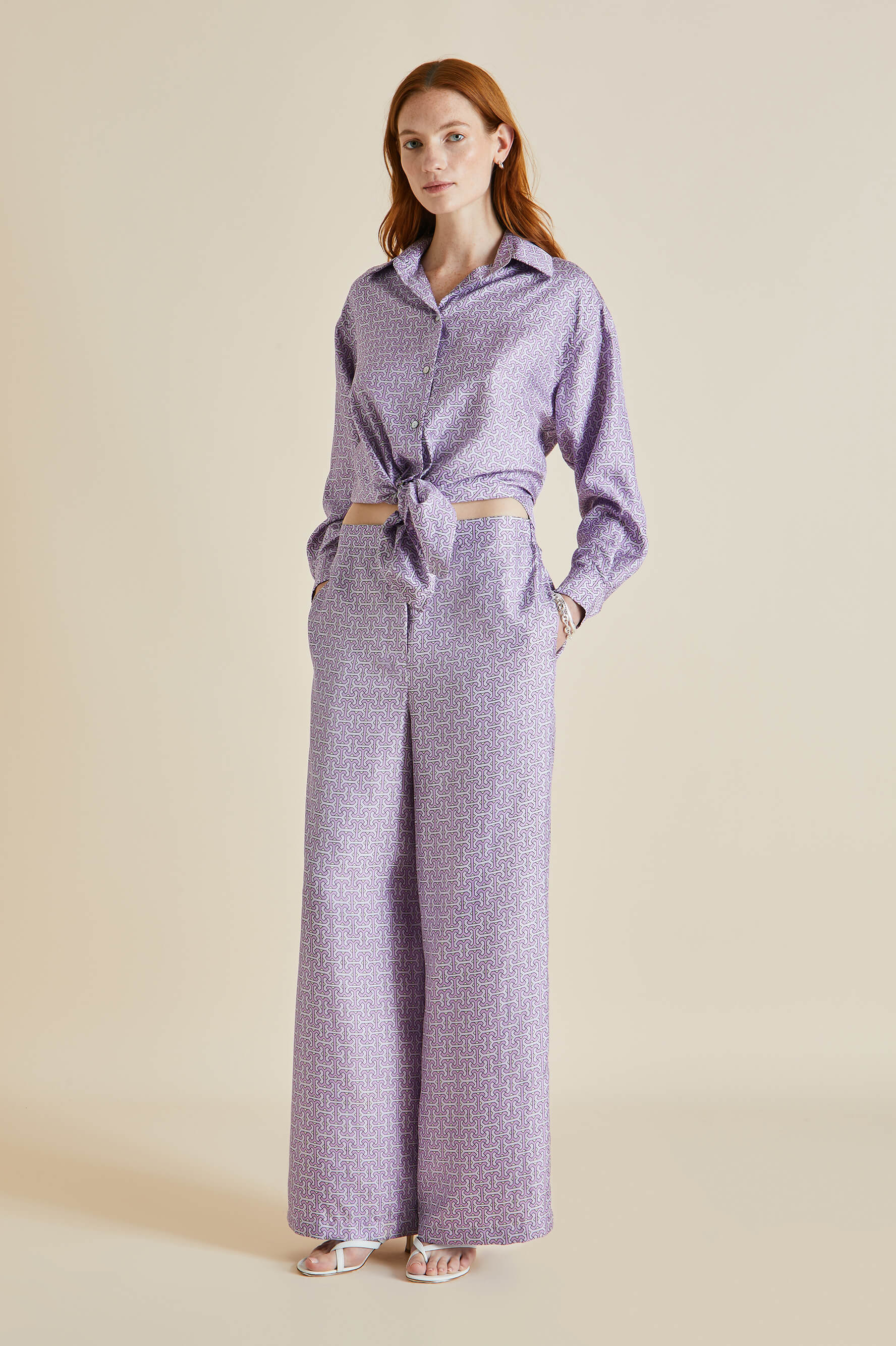 Wolfe Horizon Lilac Geometric Silk Twill Pajamas