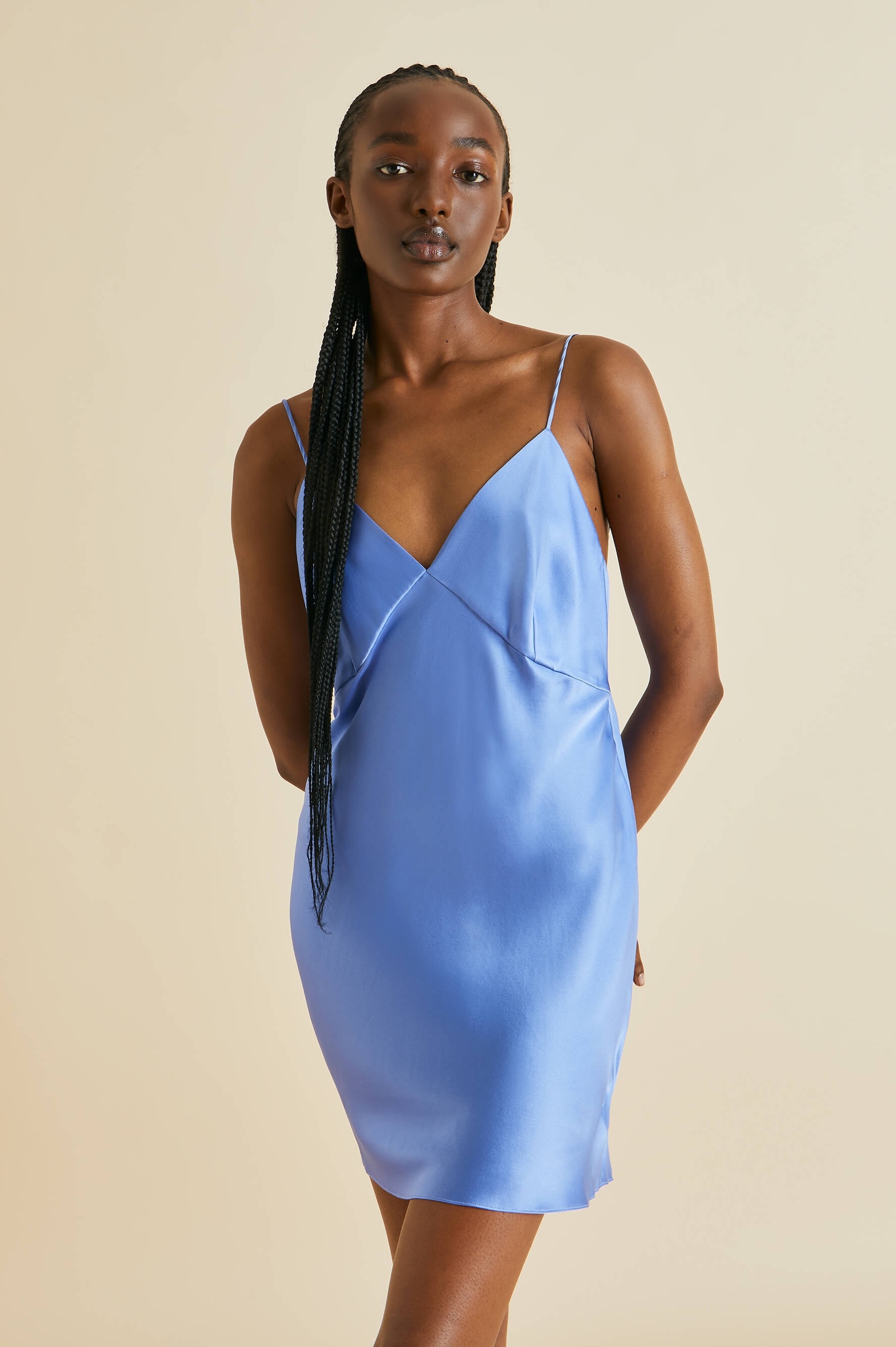 Xena Blue Silk Satin Slip Dress