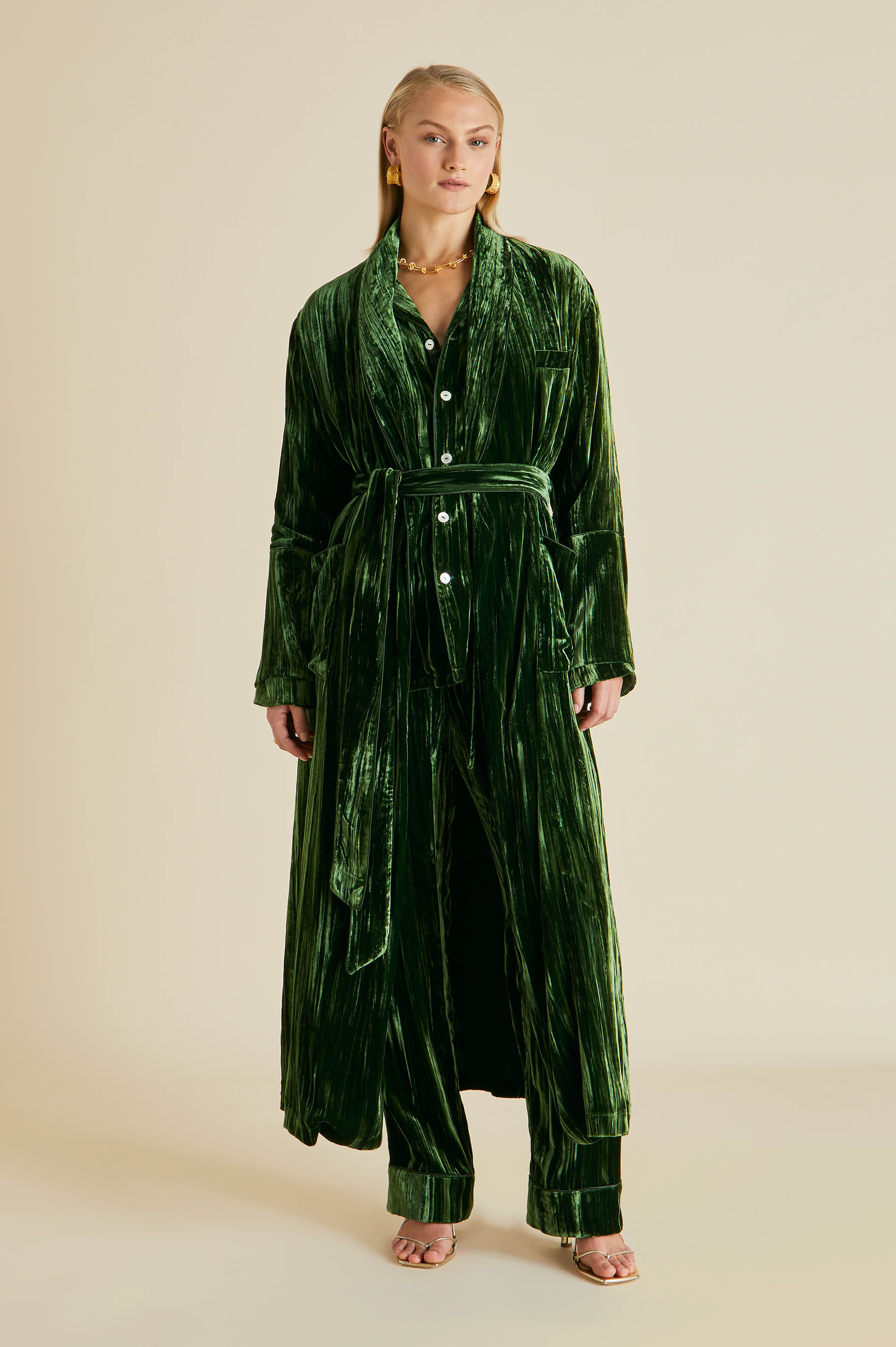 Olivia von Halle  Yves Emerald Green Silk Velvet Pajamas